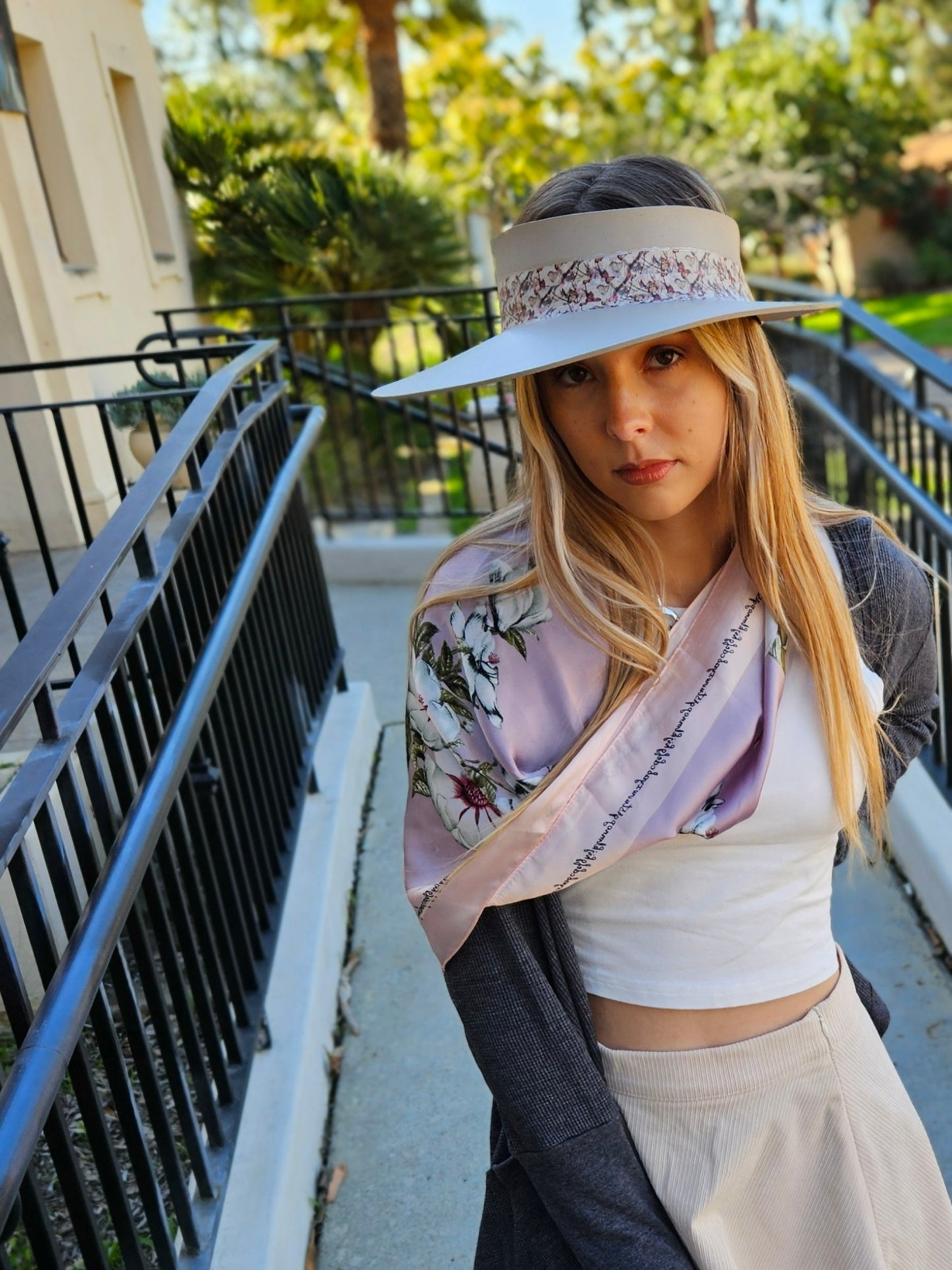Taupe "LadyEVA" Visor Hat with Multicolor Butterfly Band
