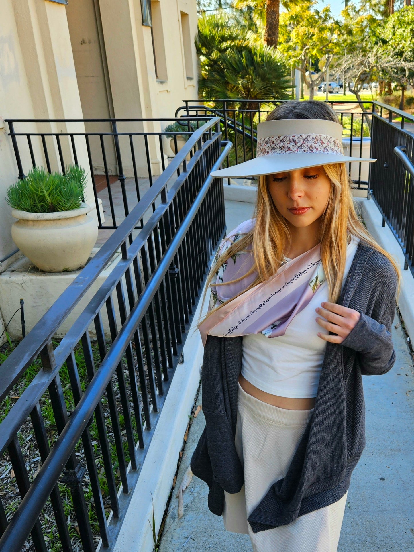 Taupe "LadyEVA" Visor Hat with Multicolor Butterfly Band