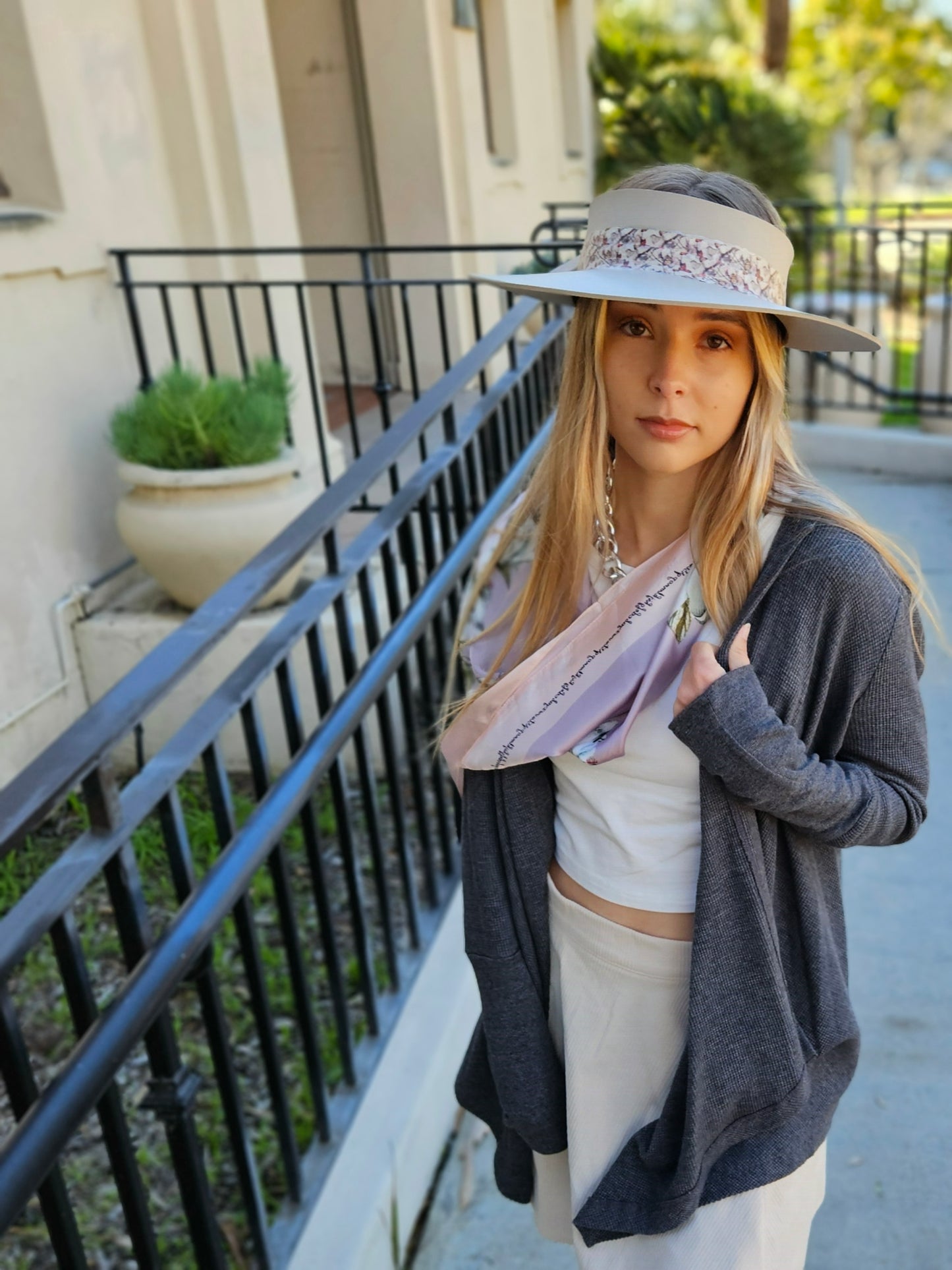 Taupe "LadyEVA" Visor Hat with Multicolor Butterfly Band