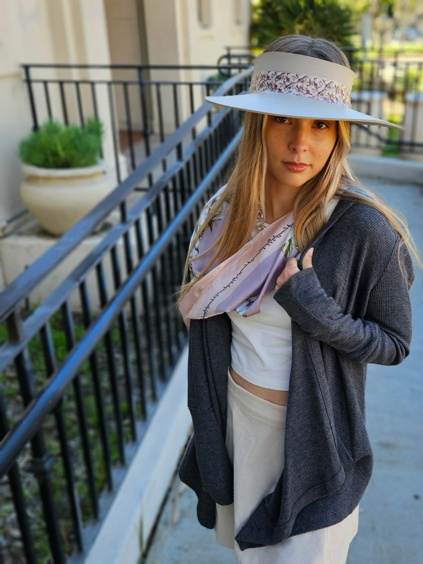 Taupe "LadyEVA" Visor Hat with Multicolor Butterfly Band