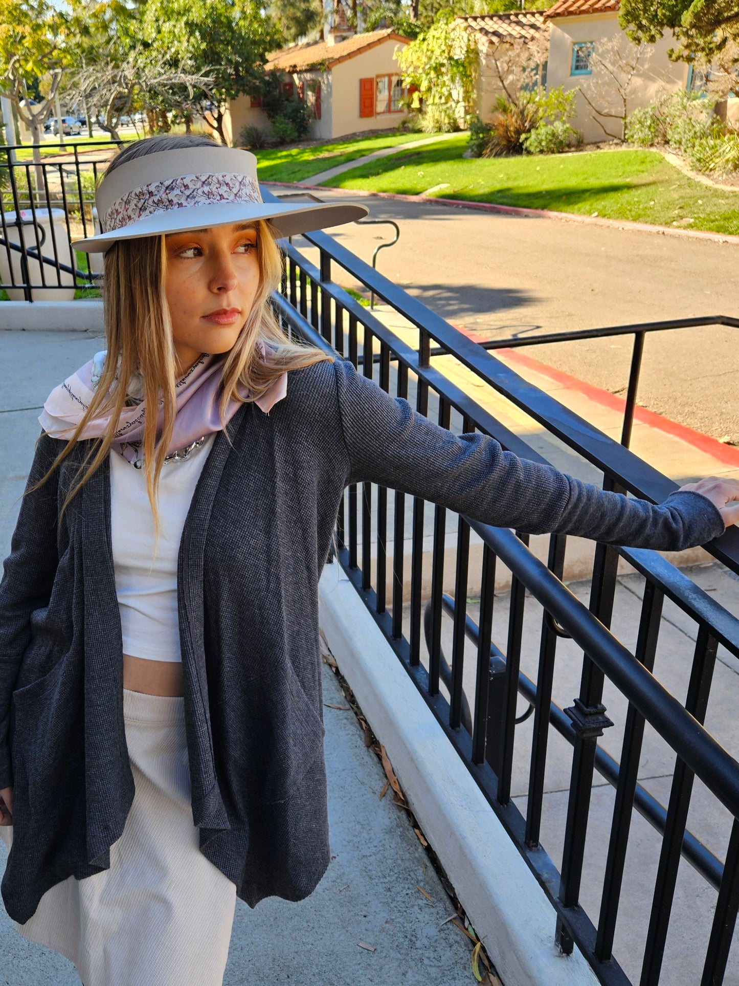 Taupe "LadyEVA" Visor Hat with Multicolor Butterfly Band