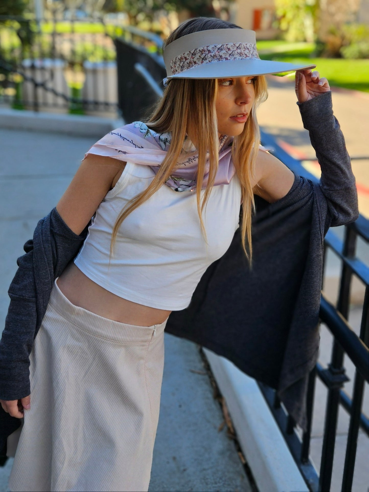 Taupe "LadyEVA" Visor Hat with Multicolor Butterfly Band