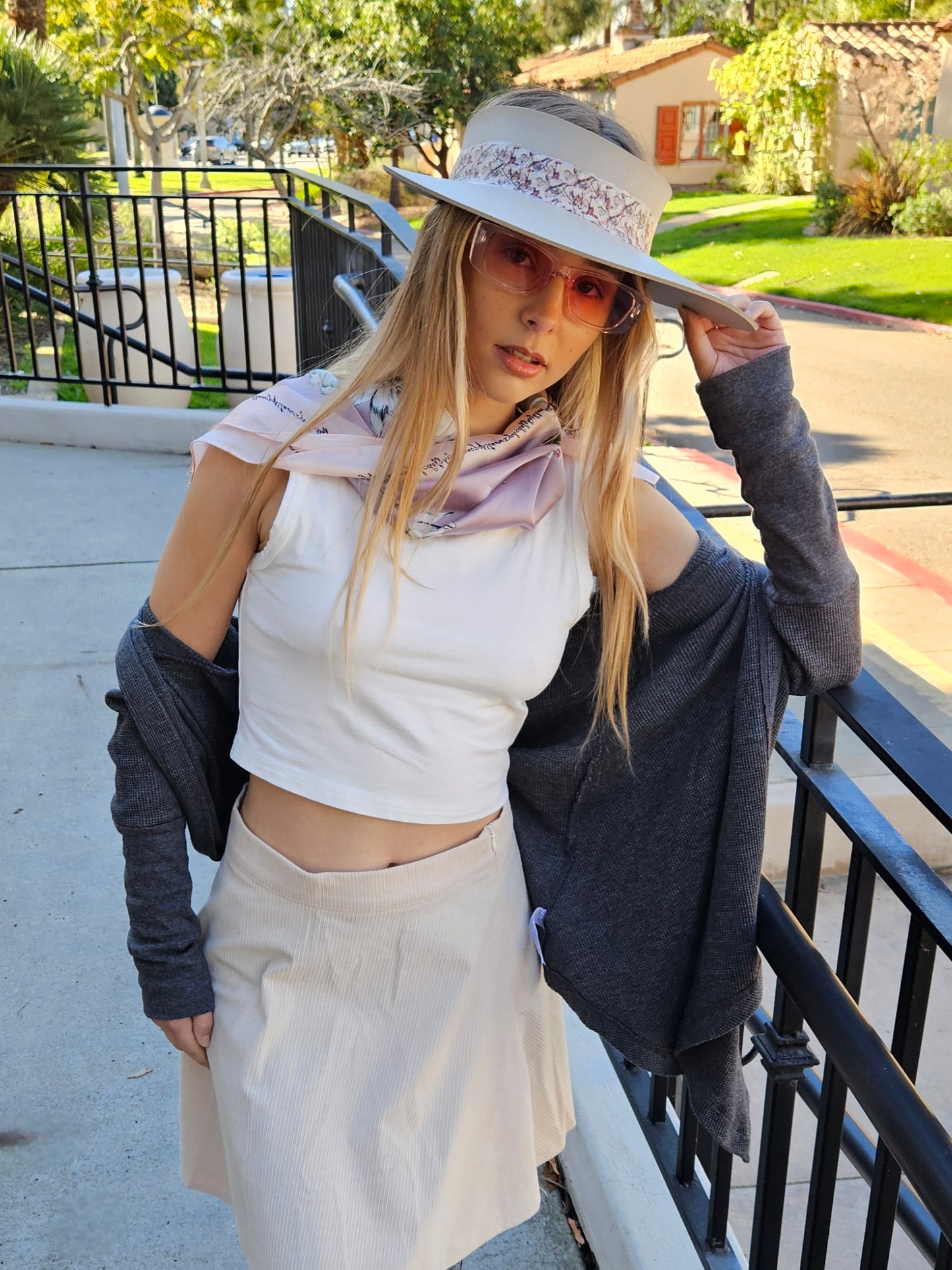 Taupe "LadyEVA" Visor Hat with Multicolor Butterfly Band