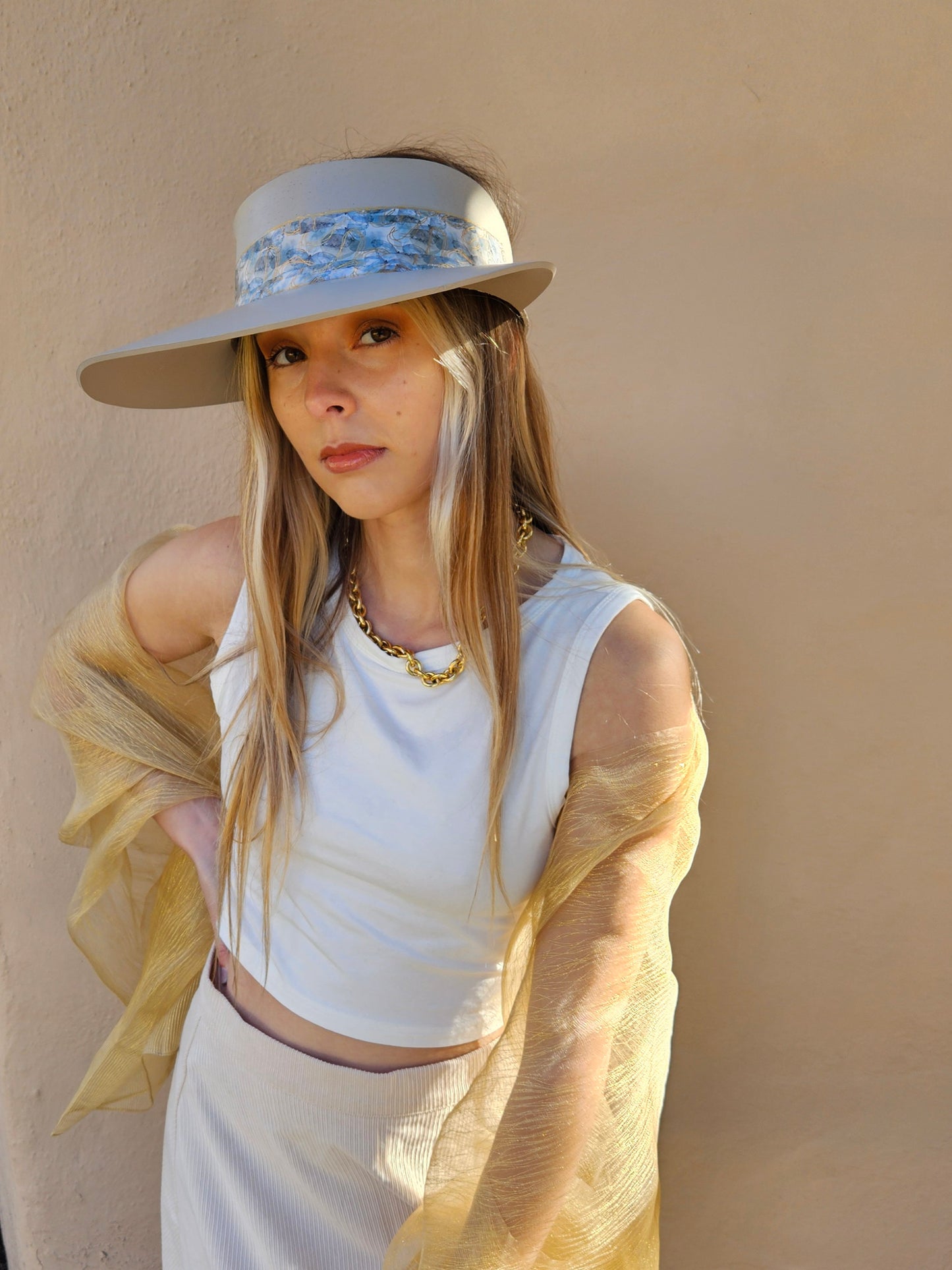 Tall Taupe "LadyEVA" Visor Hat with Soft Blue Floral Band