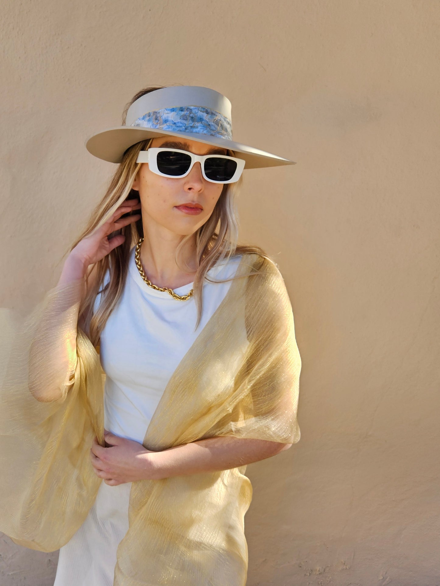 Tall Taupe "LadyEVA" Visor Hat with Soft Blue Floral Band
