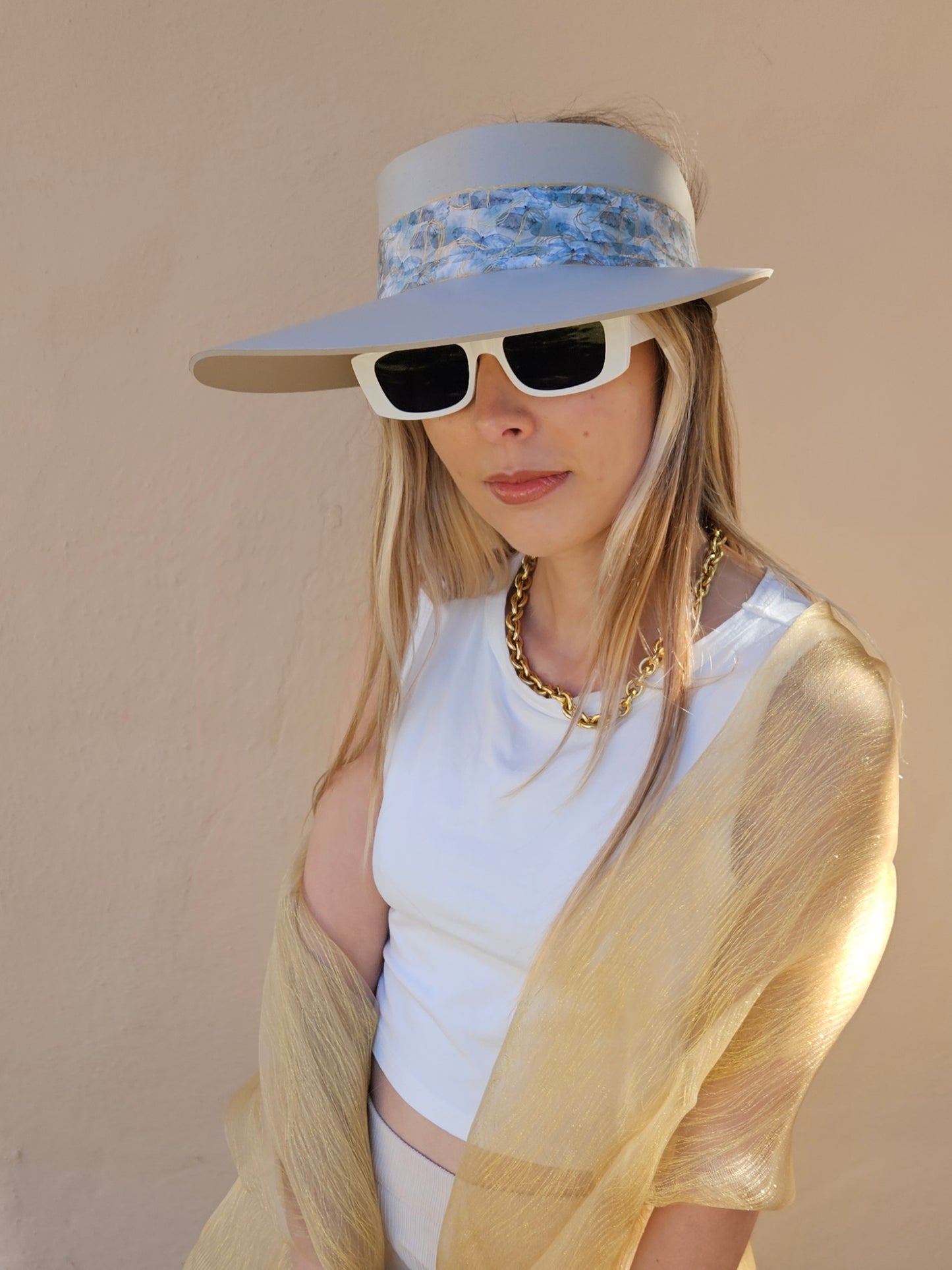 Tall Taupe "LadyEVA" Visor Hat with Soft Blue Floral Band