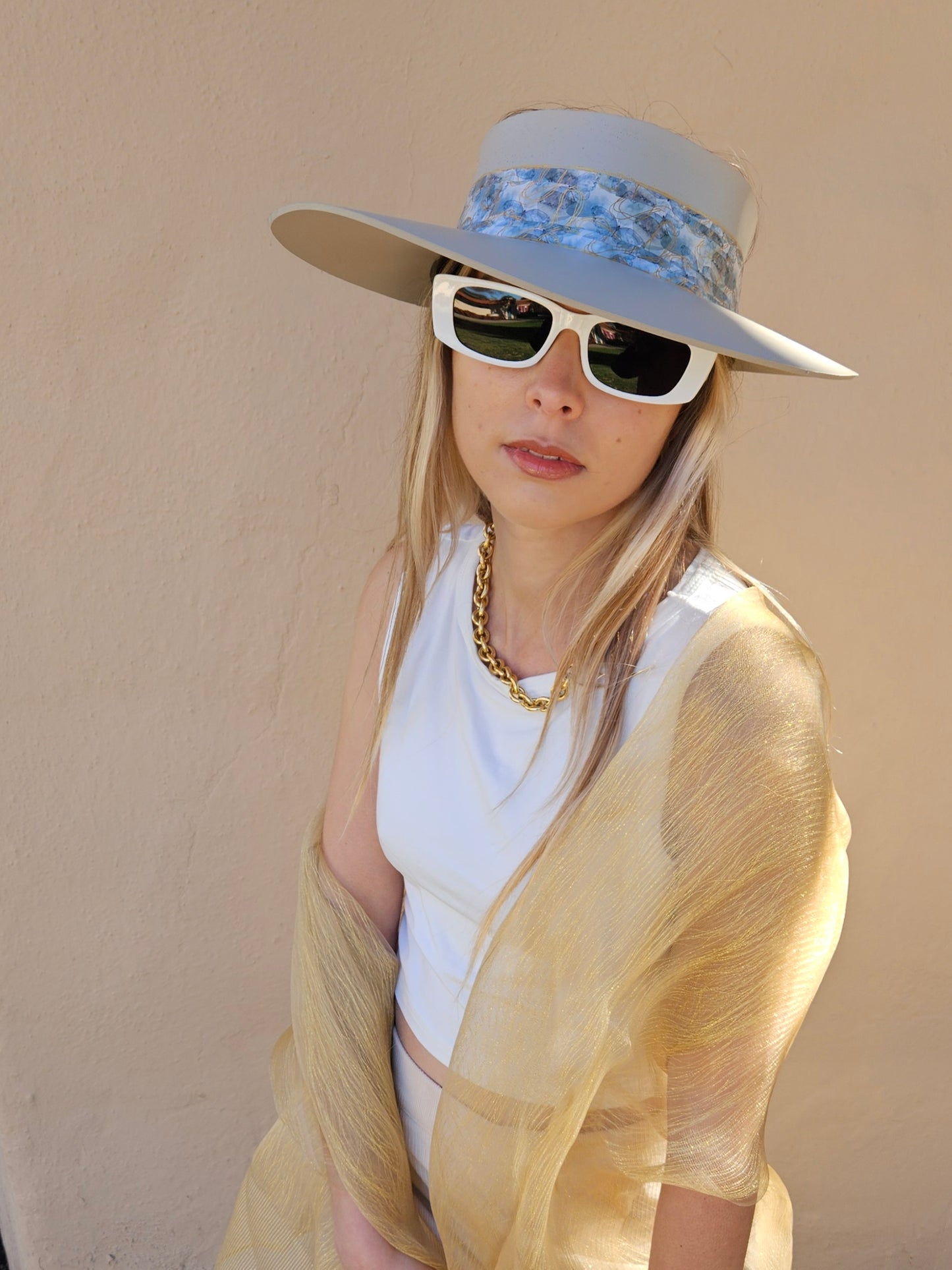 Tall Taupe "LadyEVA" Visor Hat with Soft Blue Floral Band