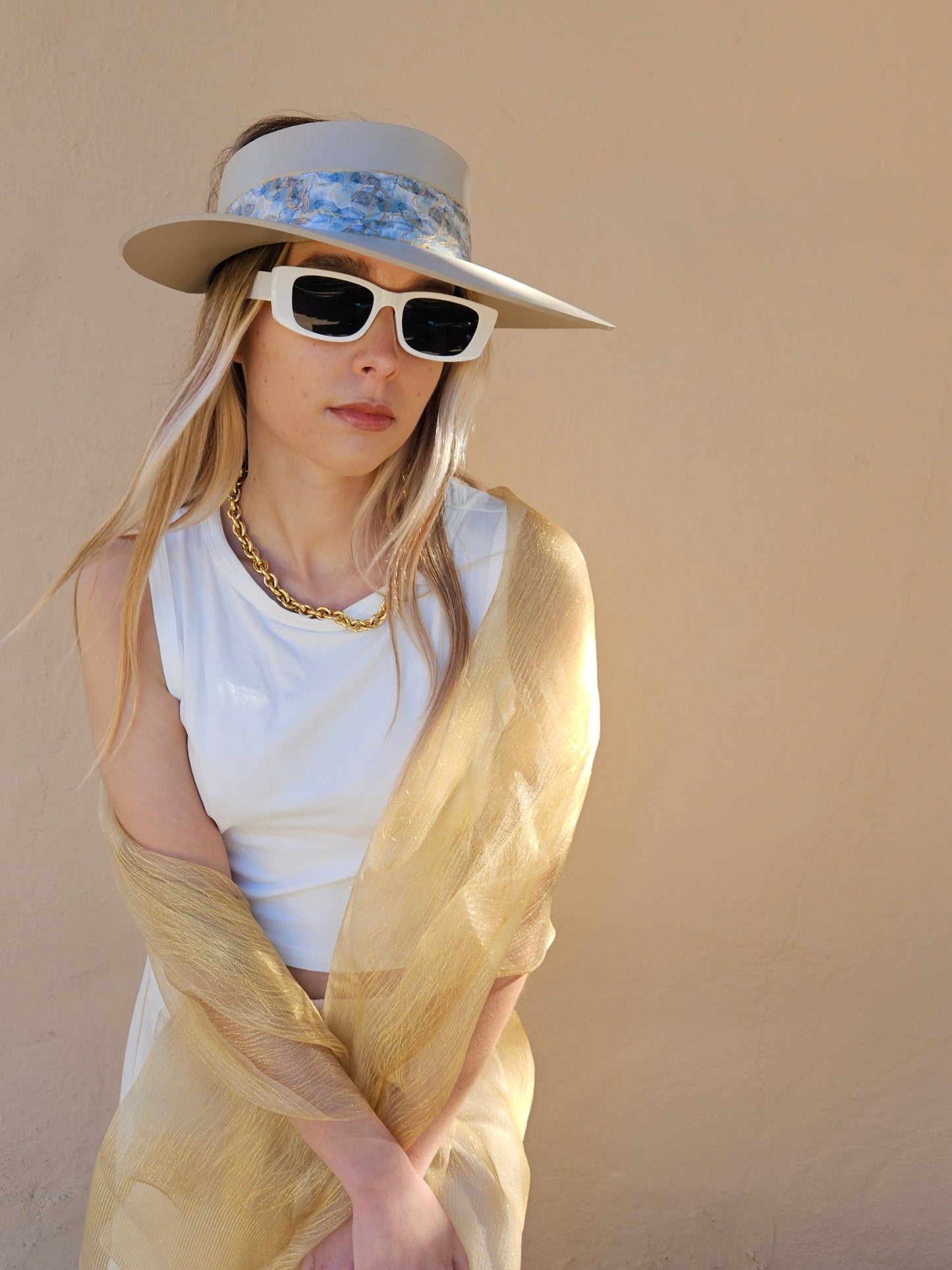 Tall Taupe "LadyEVA" Visor Hat with Soft Blue Floral Band