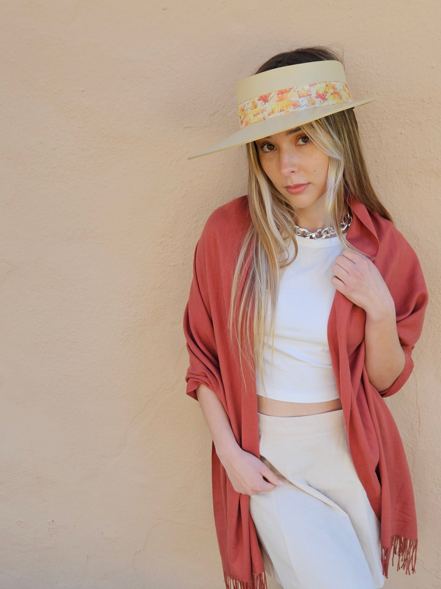 Beige "LadyEVA" Visor Hat with Orange Leaf Band