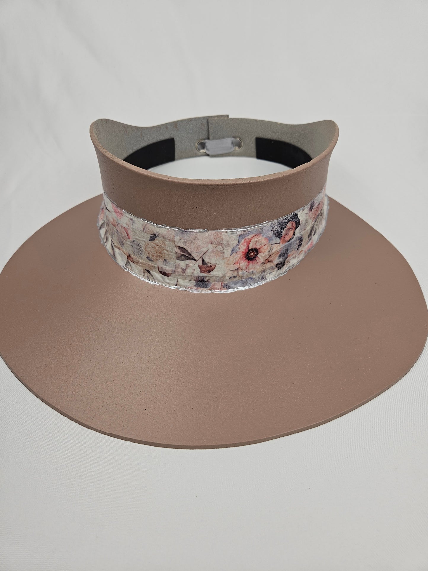 Tall Taupe Brown Visor Hat - Bold Pink Floral Band