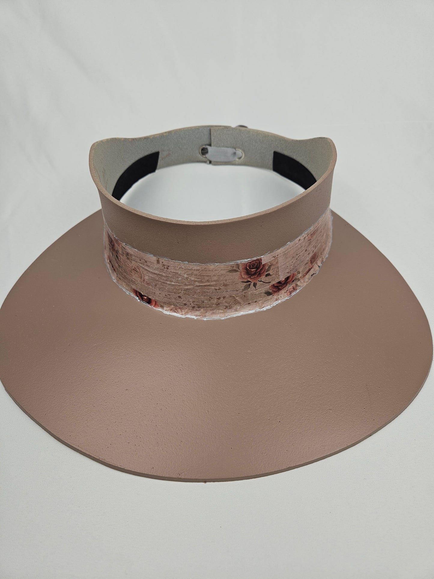 Tall Taupe Brown "LadyEVA" Visor Hat with Delicate Burgundy Floral Band