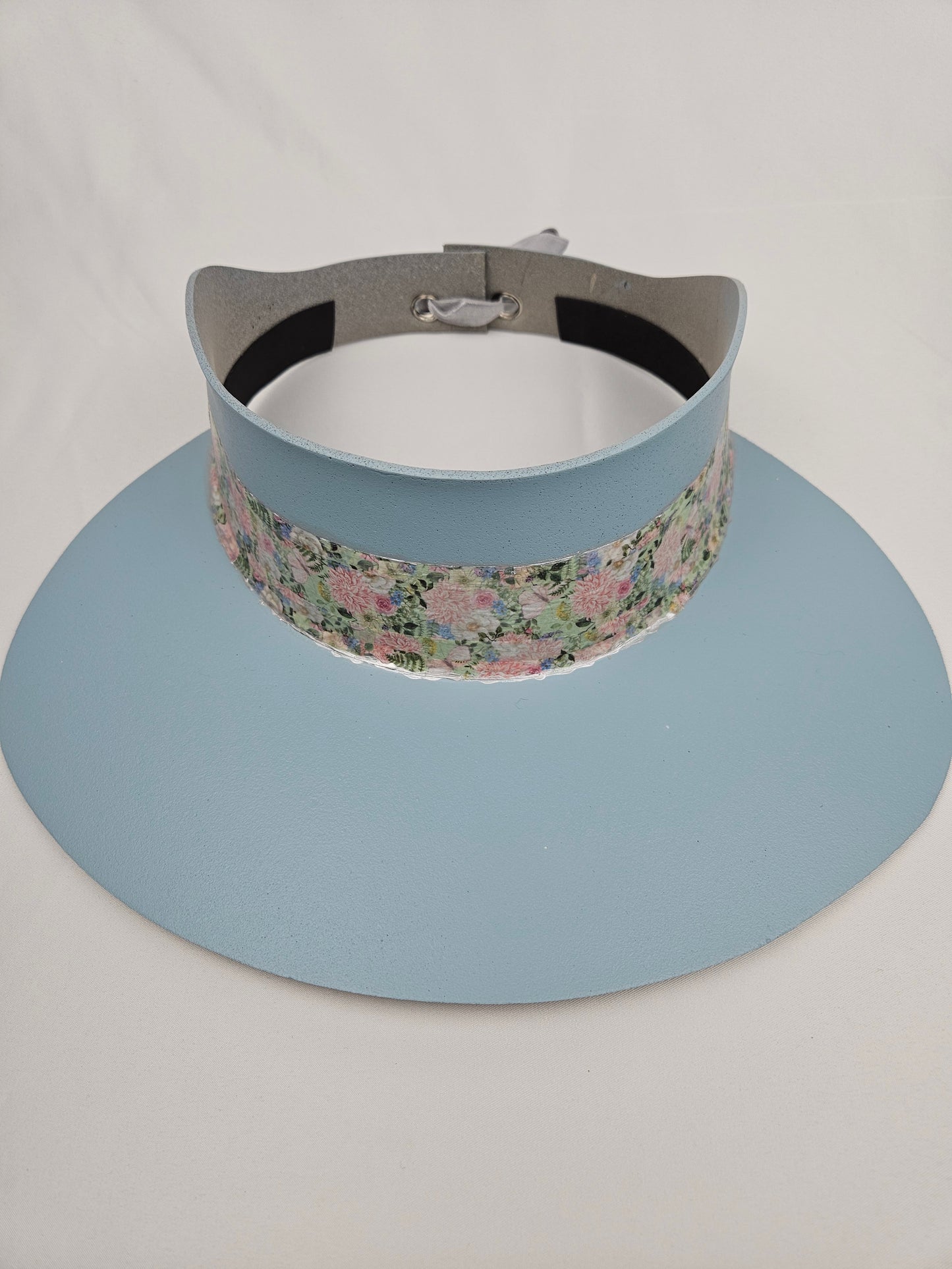 Tall Light Blue Visor Hat - Pink Garden Themed Band
