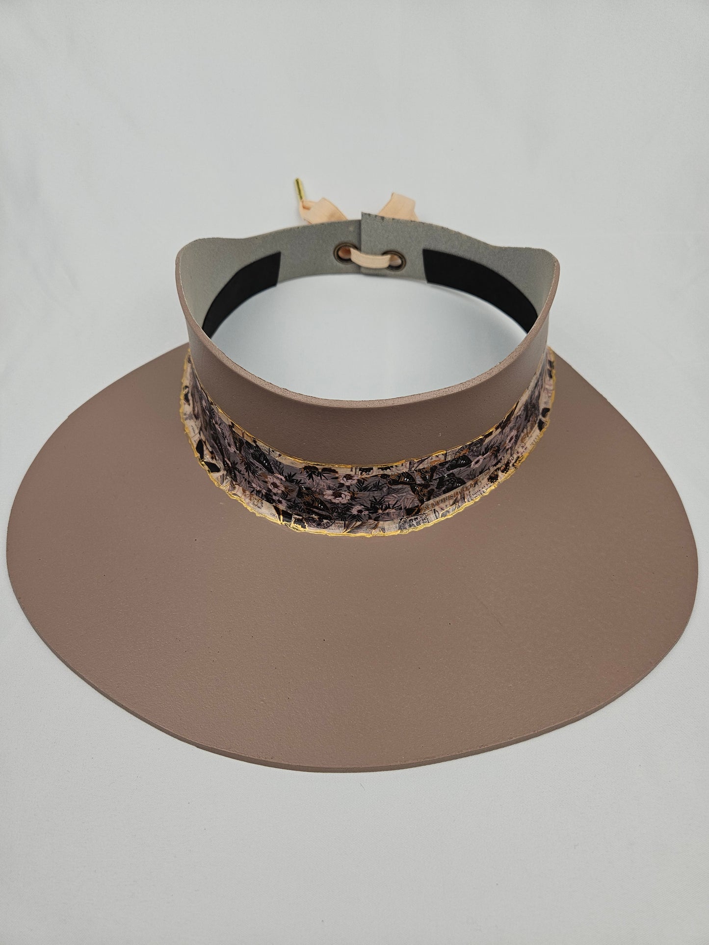Tall Taupe Brown Visor Hat - Pink and Golden Floral Band