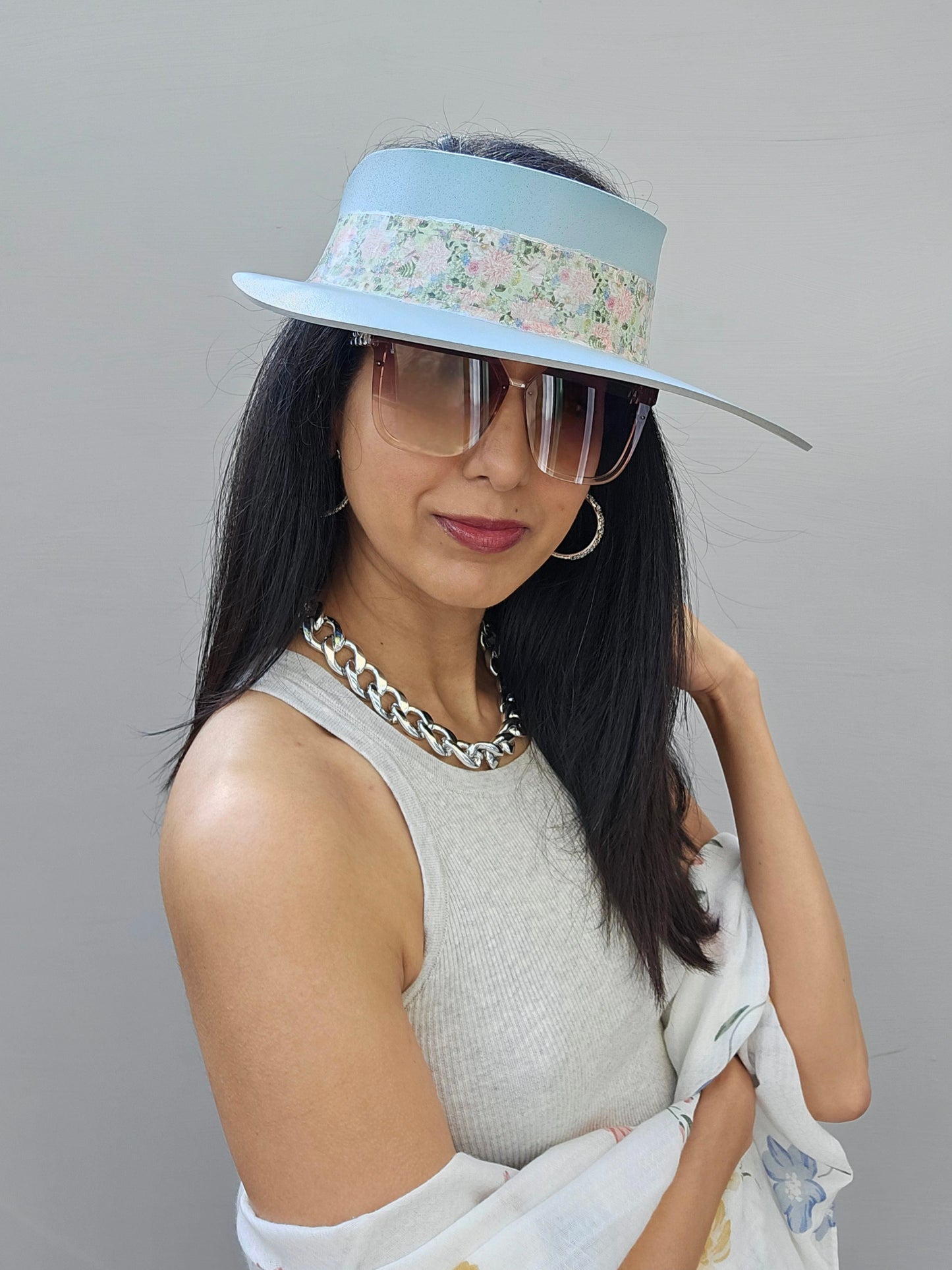 Tall Light Blue "LadyEVA" Visor Hat with Pink Garden Themed Band