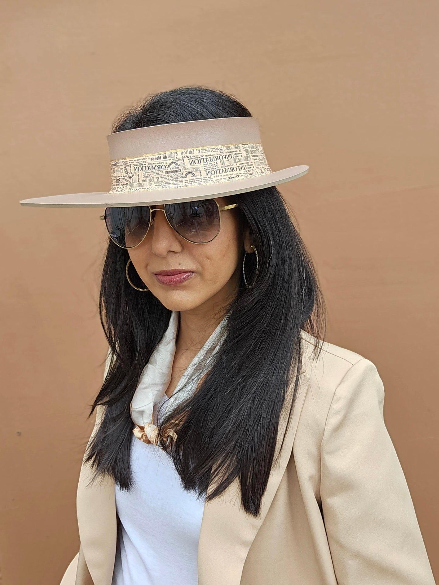 Brown "LadyEVA" Visor Hat with Newspaper Script Themed Band