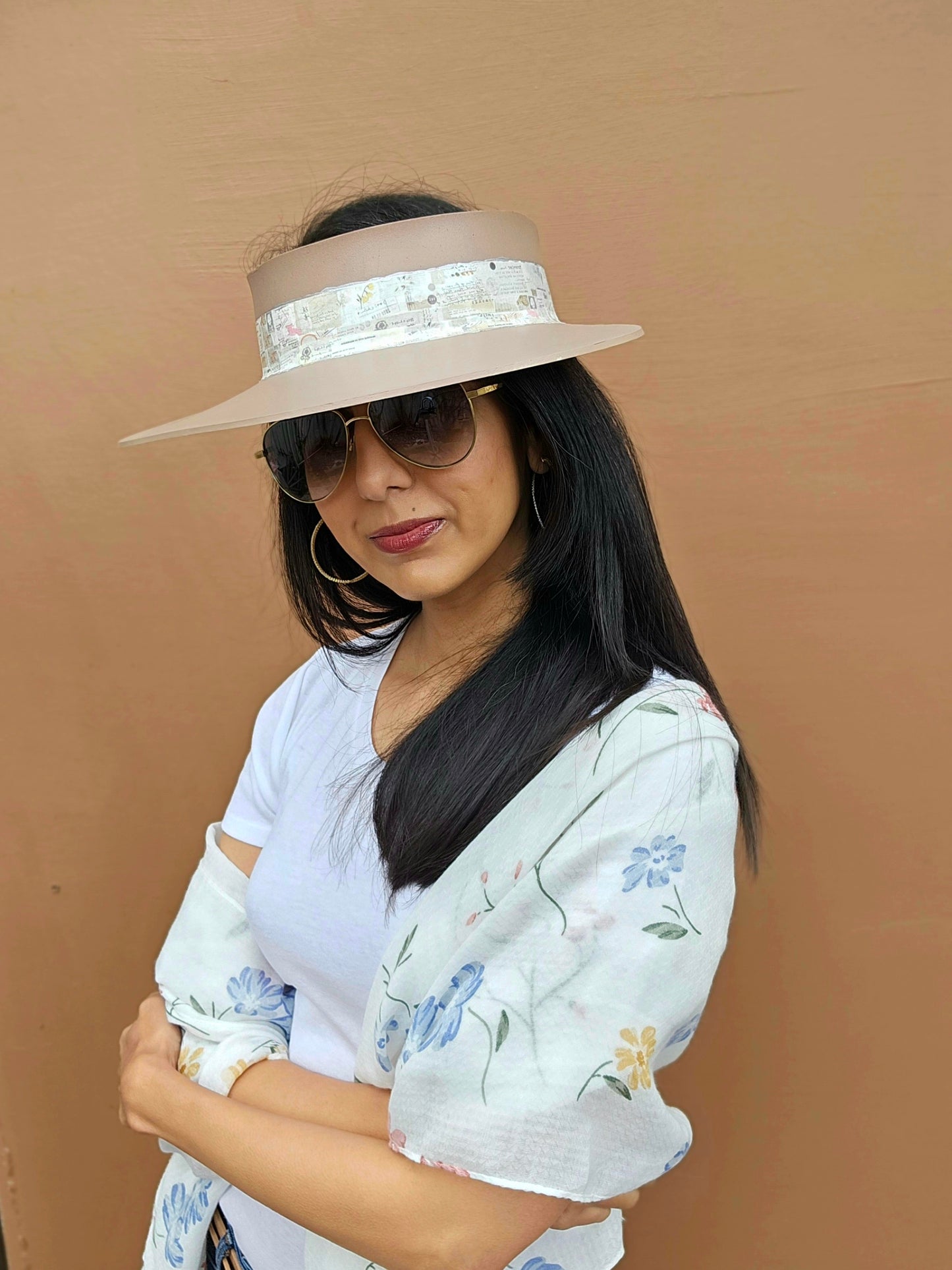 Brown "LadyEVA" Visor Hat with Botanical Themed Band