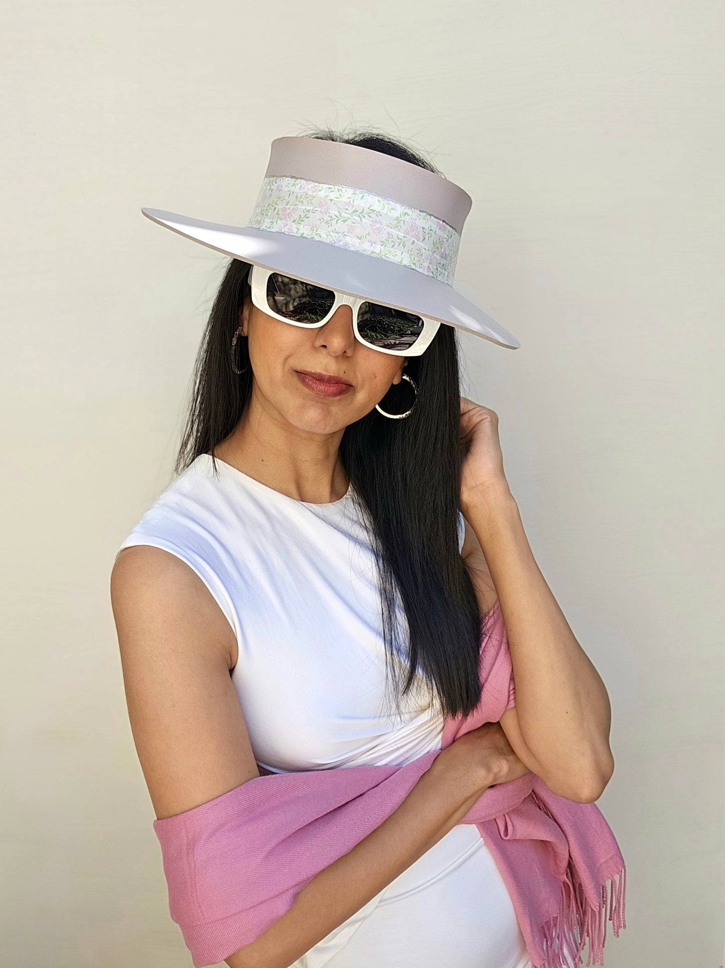 Tall Light Pink "LadyEVA" Visor Hat with Pastel Floral Band