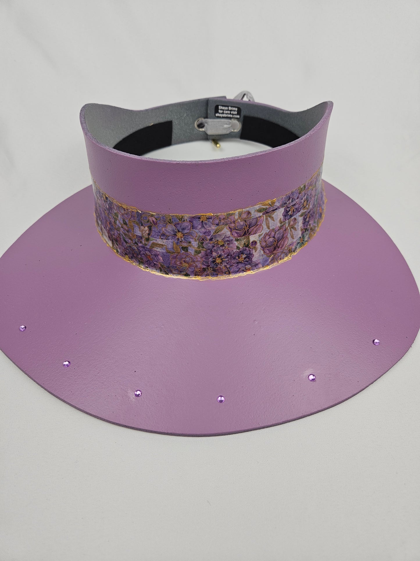 Tall Purple Visor Hat - Purple Floral Band and Rhinestone Border