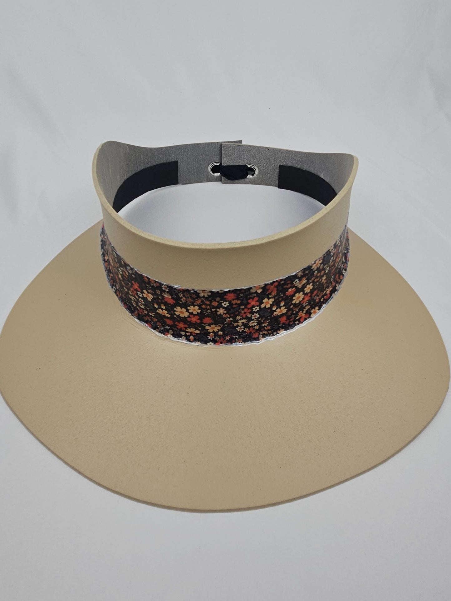 Tall Beige Visor Hat - Black Multicolored Floral Band