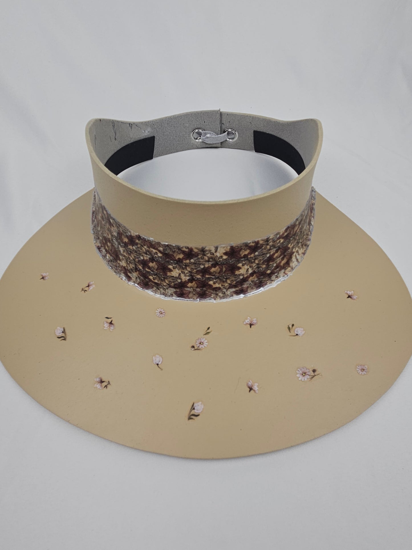 Tall Beige Visor Hat - Dulled Purple Floral Band