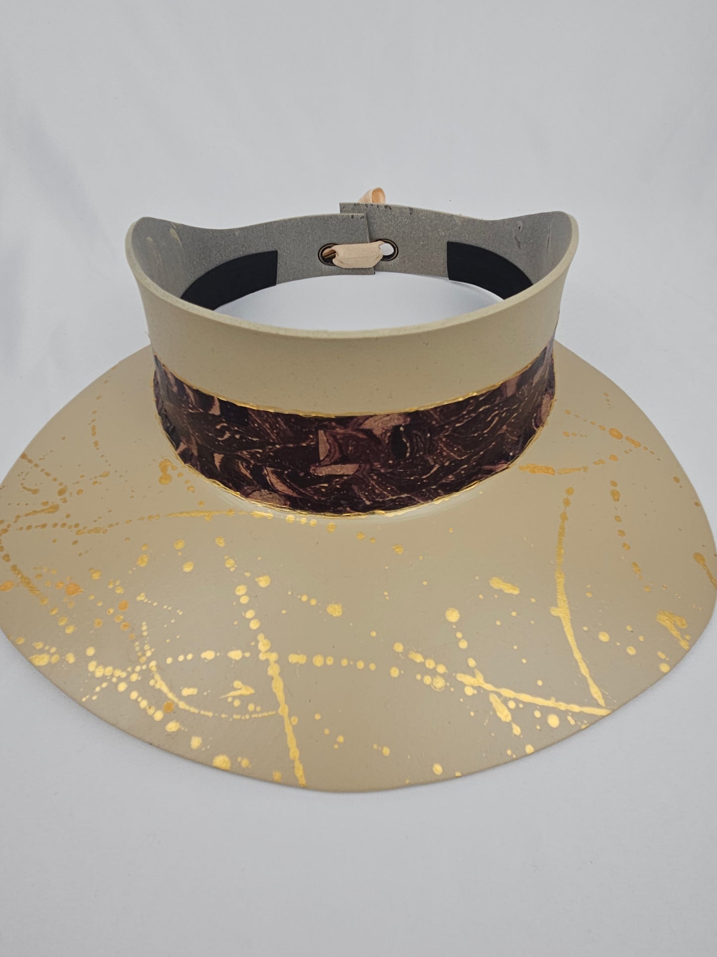 Beige Visor Hat - Dark Purple Band and Gold Paint Splatter Effect