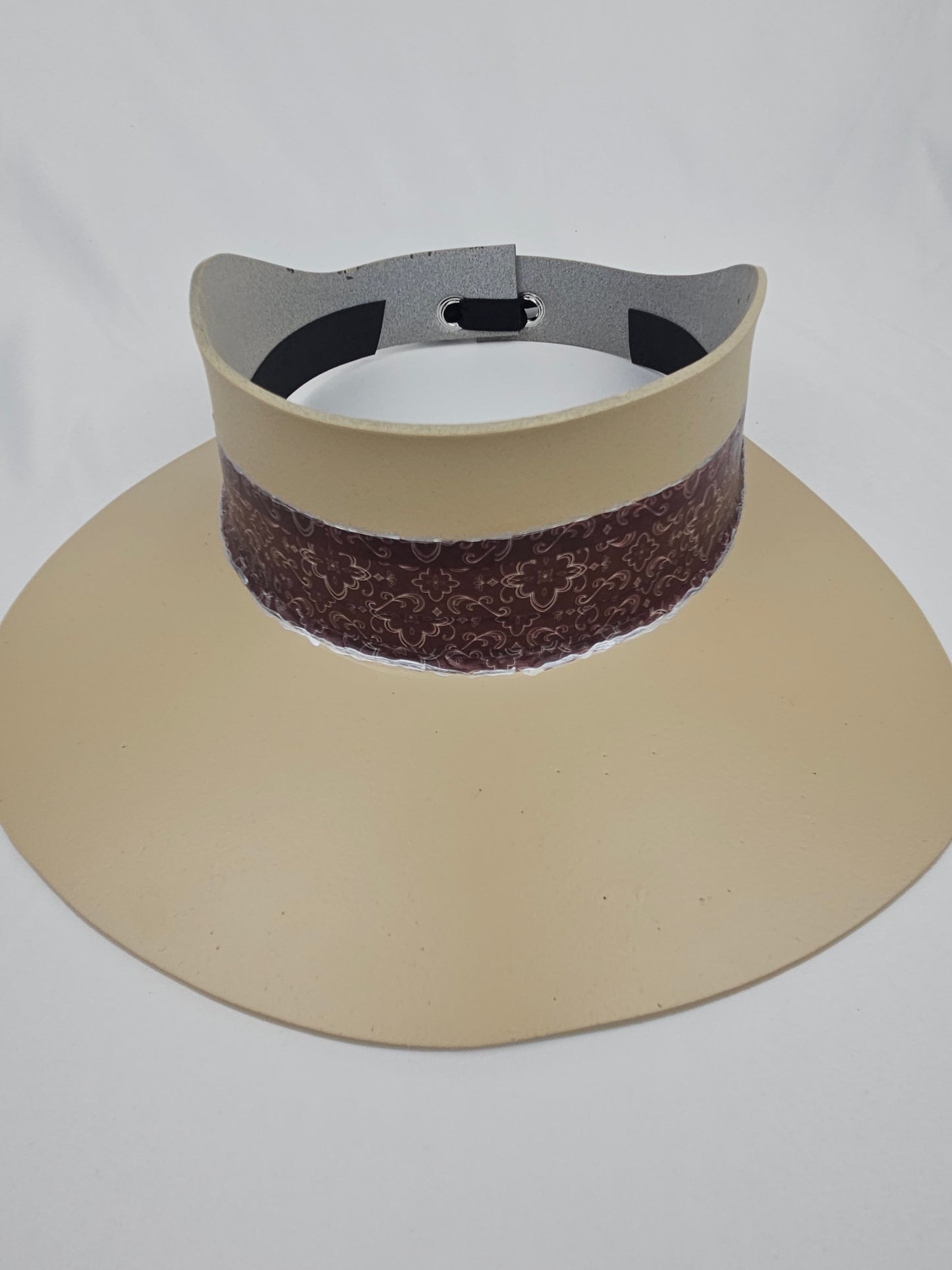 Tall Beige Visor Hat - Geometric Burgundy Band