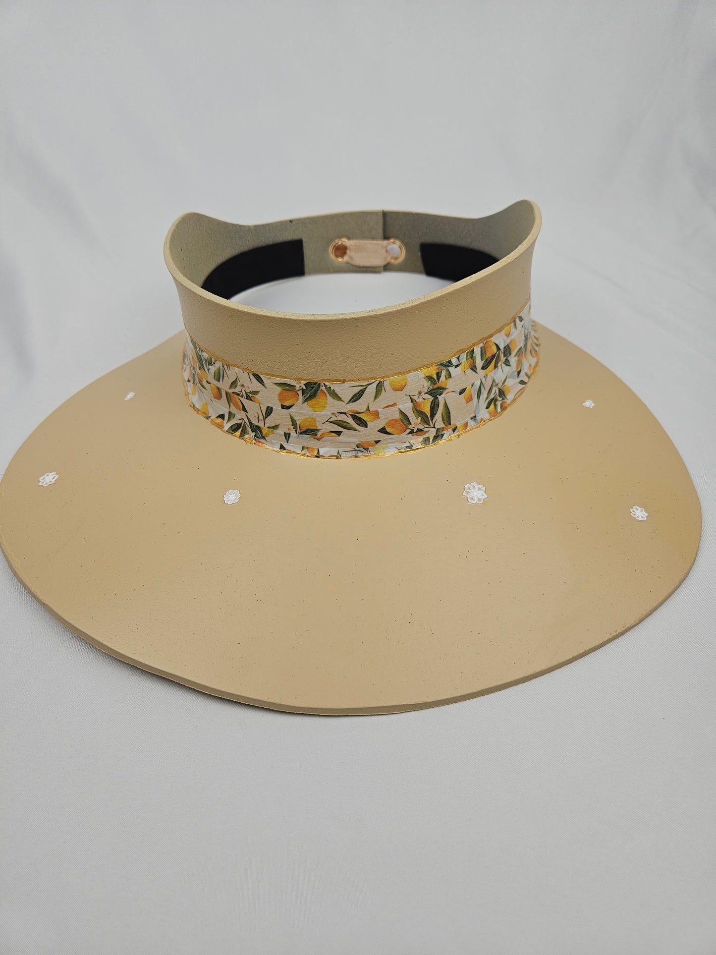 Beige Visor Hat - Citrus Floral Band and White Flowers on Brim