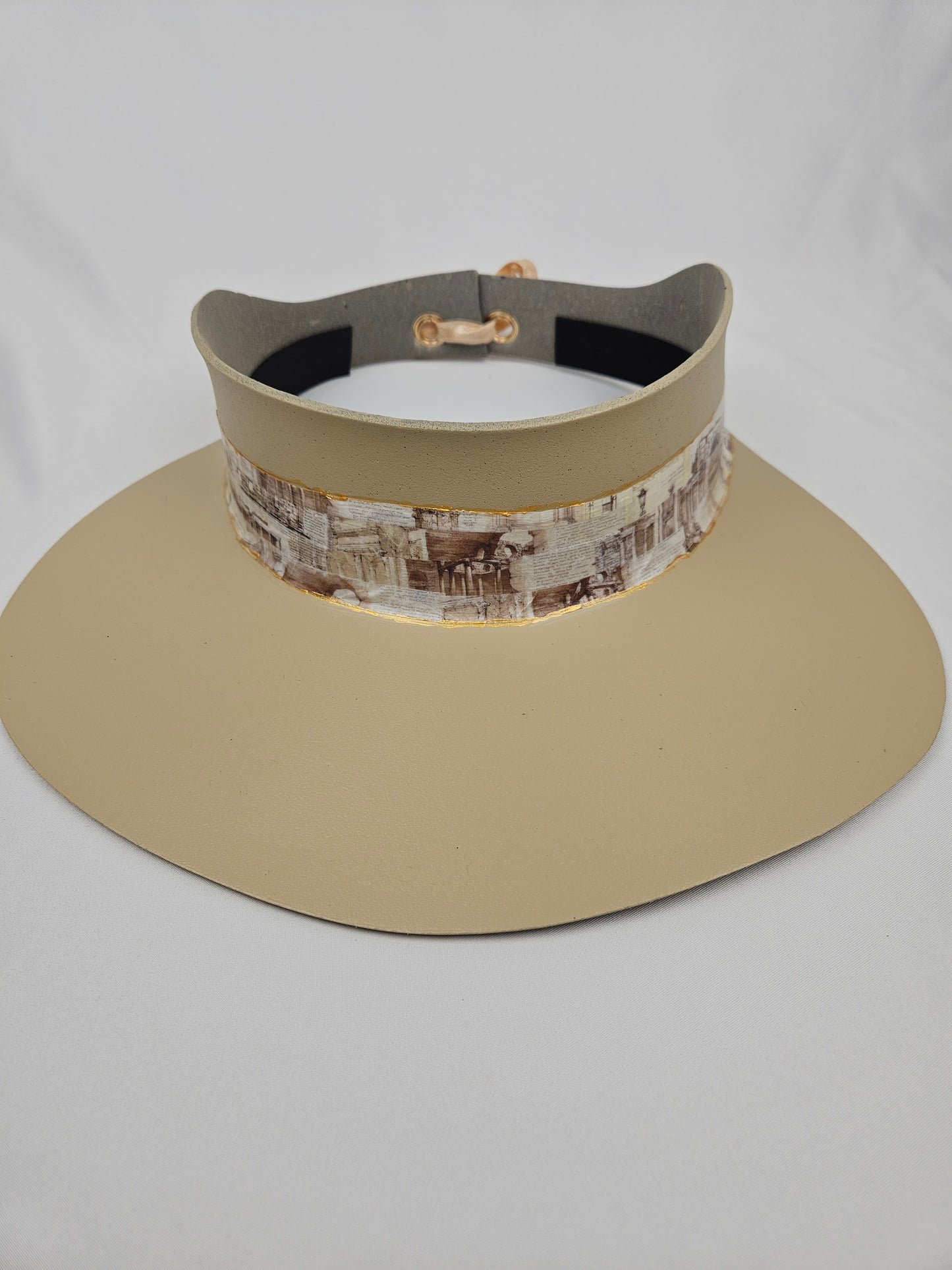 Beige "LadyEVA" Visor Hat with Architectural Collage Band