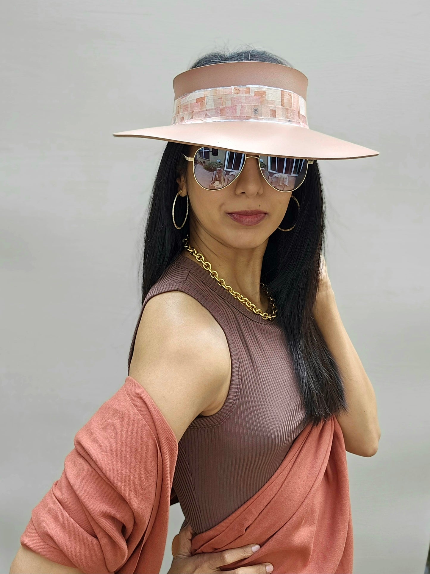 Brown "LadyEVA" Visor Hat with Pink Geometric Band