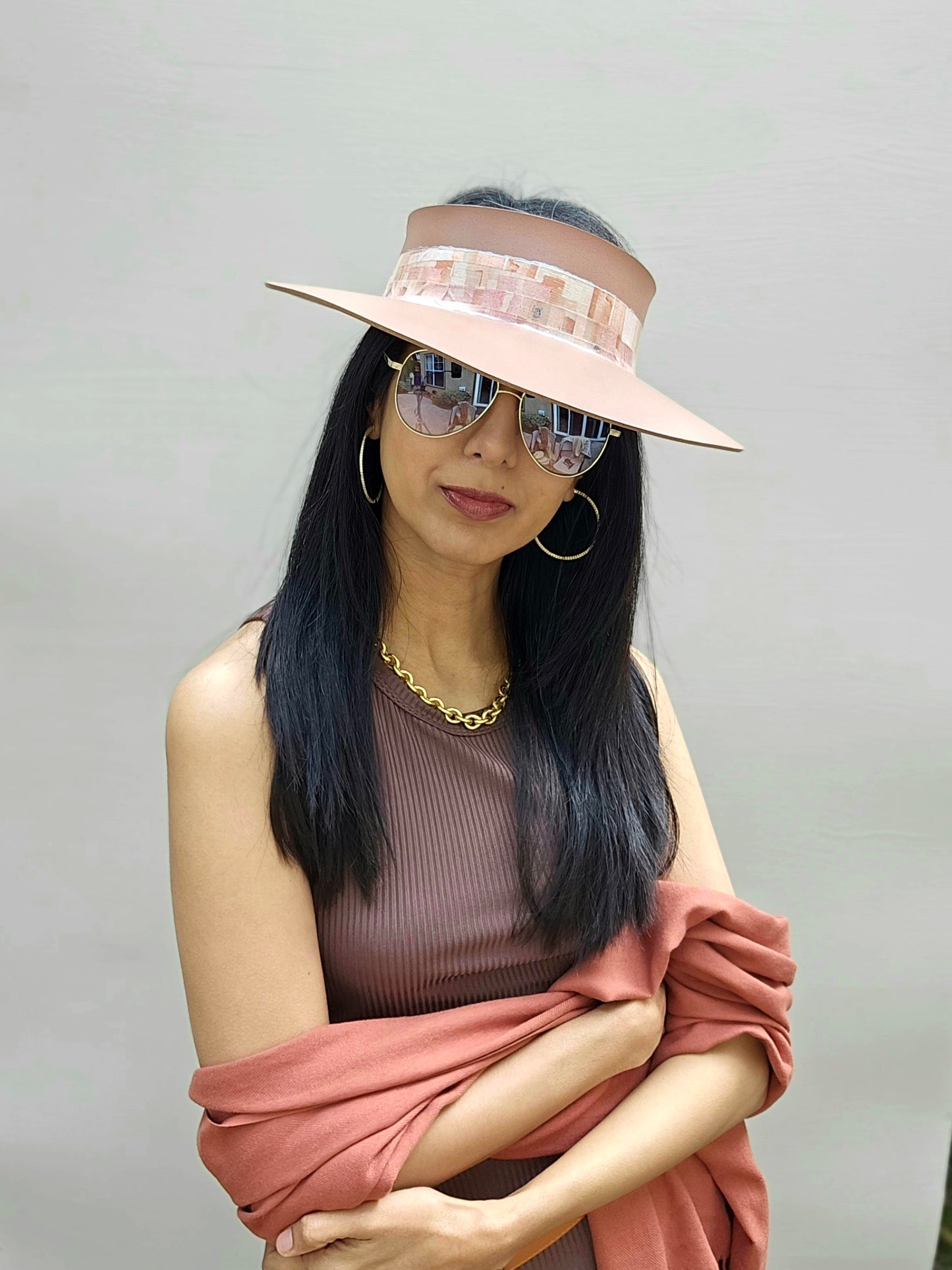 Brown "LadyEVA" Visor Hat with Pink Geometric Band