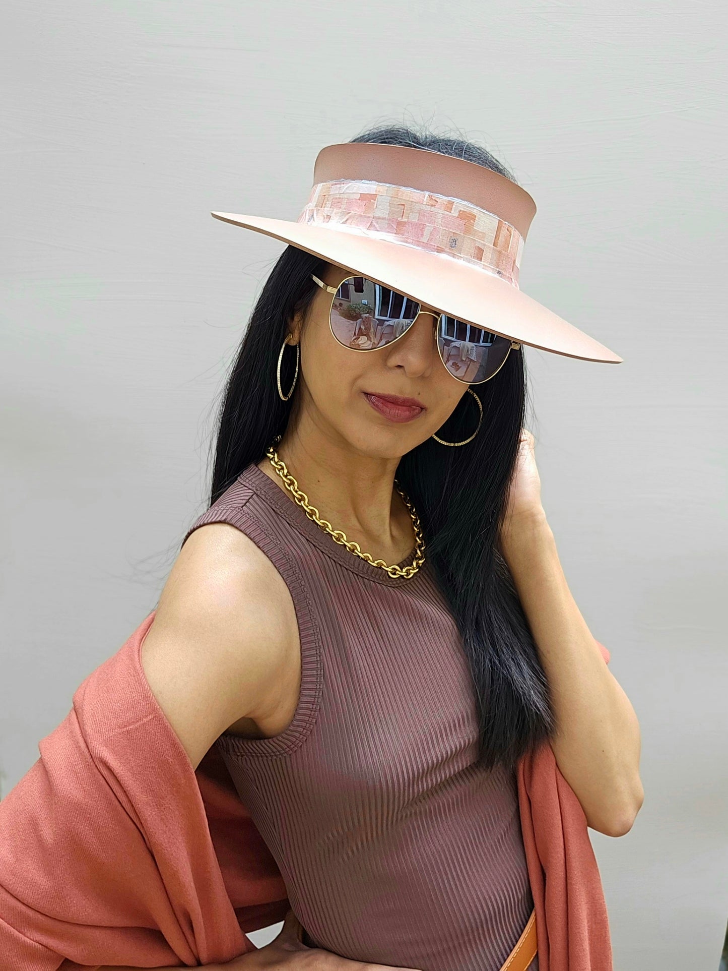 Brown "LadyEVA" Visor Hat with Pink Geometric Band