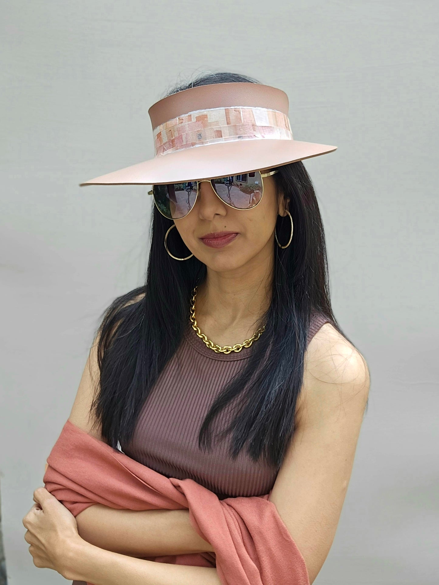 Brown "LadyEVA" Visor Hat with Pink Geometric Band
