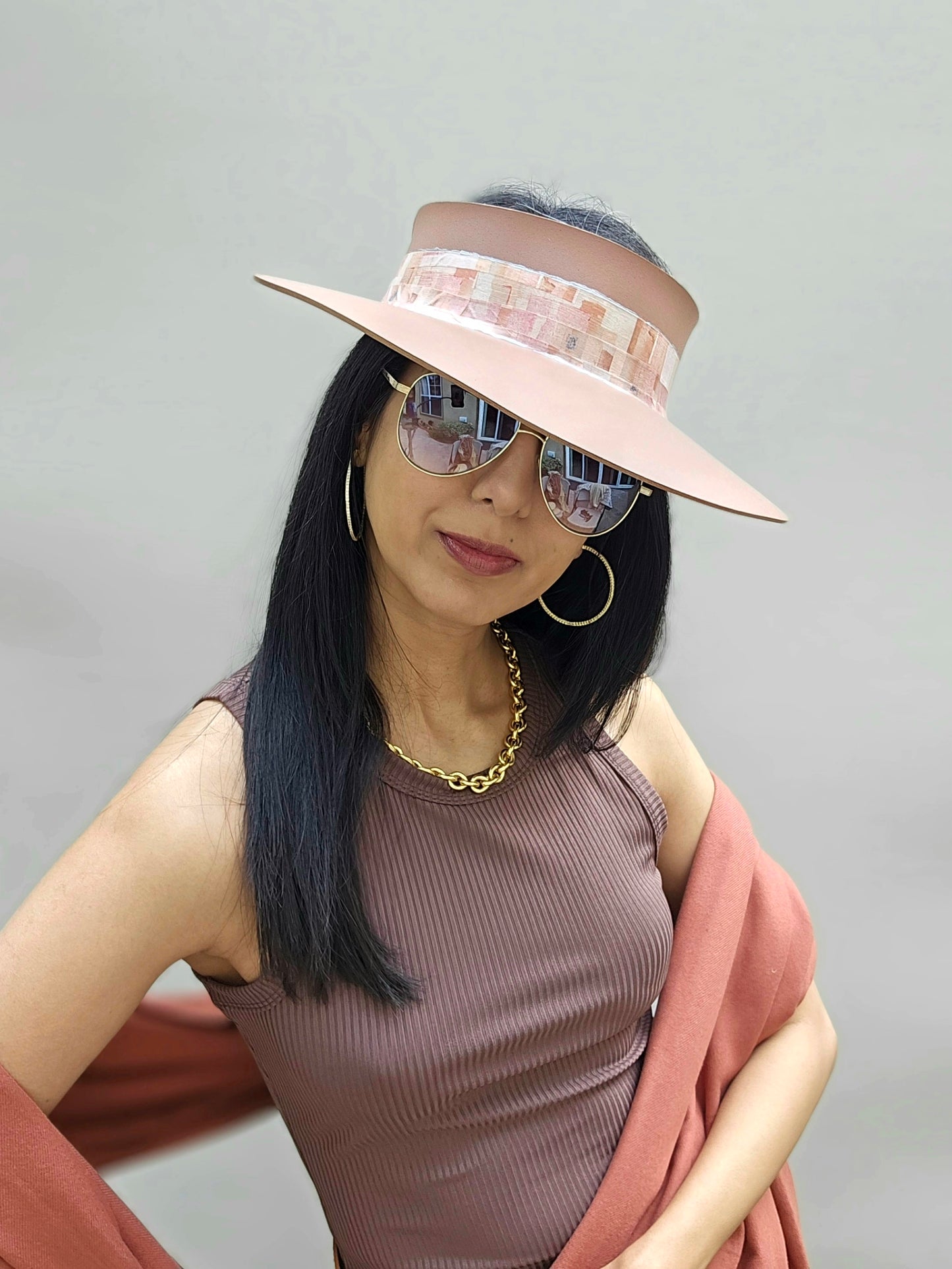 Brown "LadyEVA" Visor Hat with Pink Geometric Band