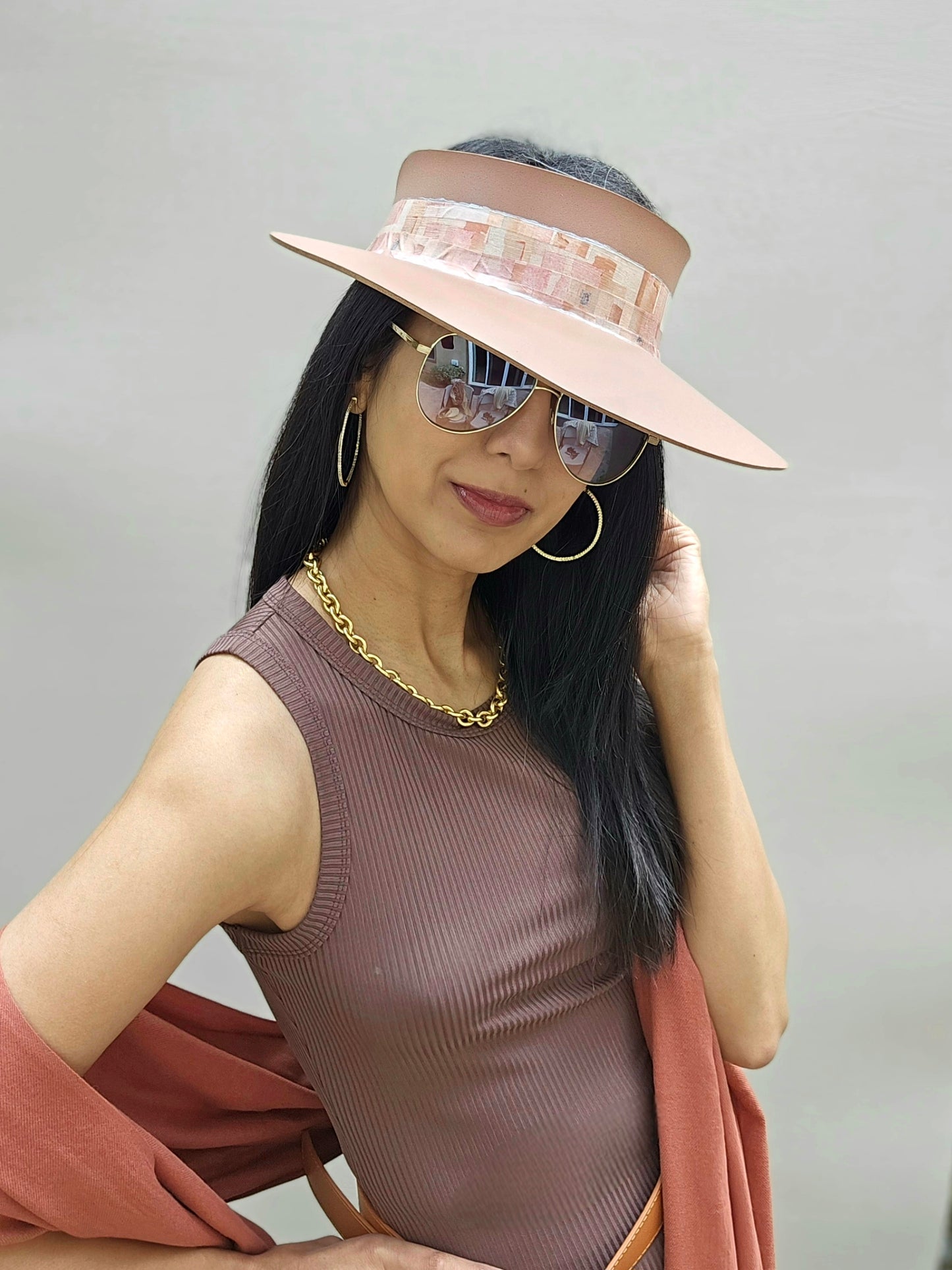 Brown "LadyEVA" Visor Hat with Pink Geometric Band