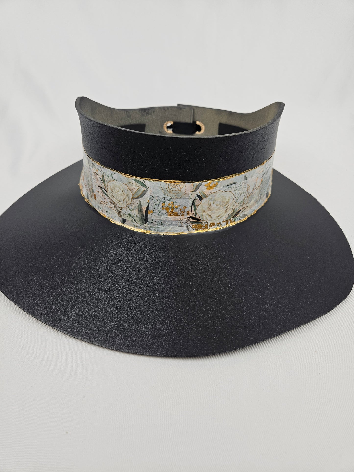 Tall Black Visor Hat - Golden Floral Band