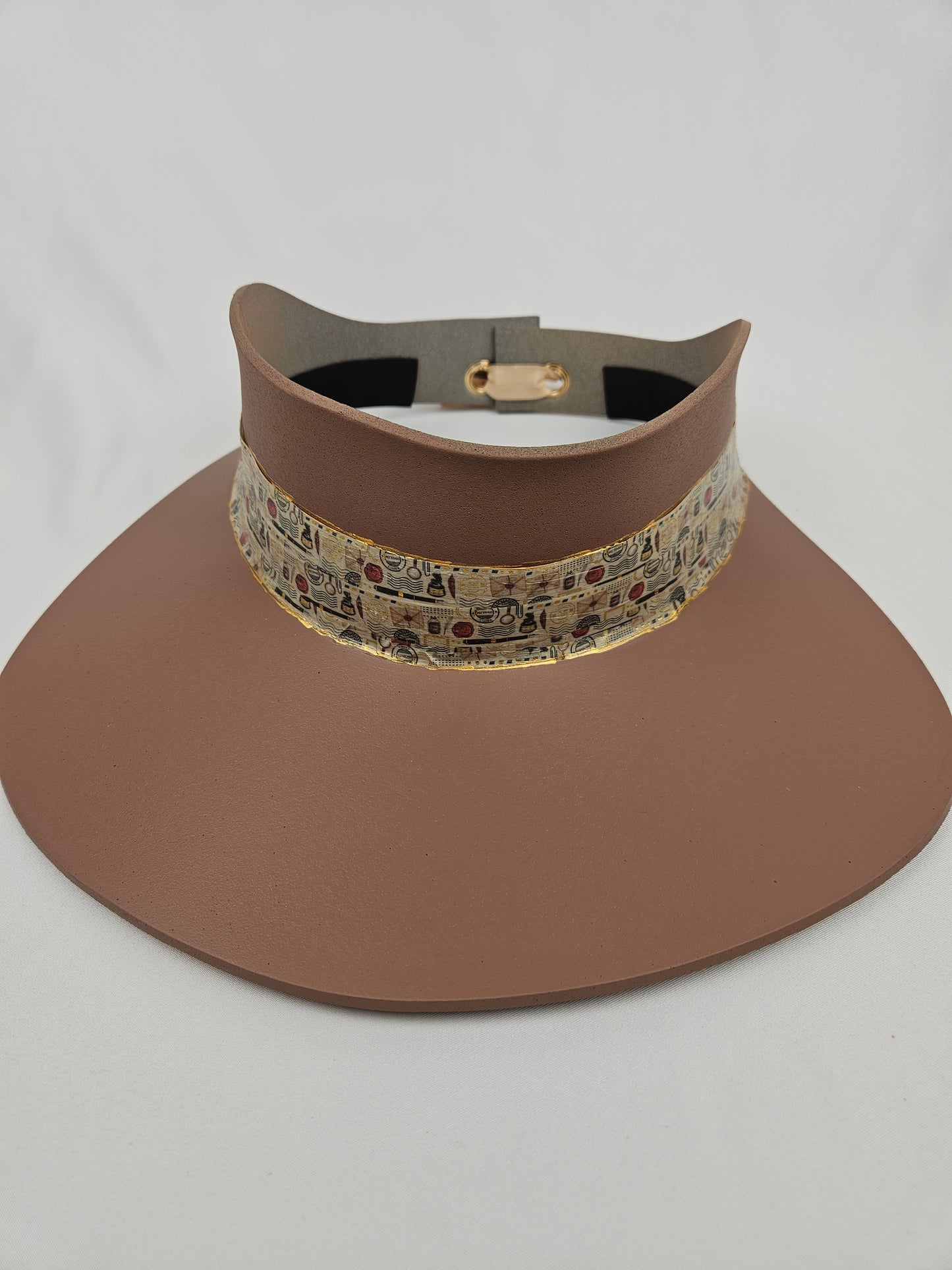 Tall Mauve Brown Visor Hat - Vintage Postage/Mail Themed Golden Band