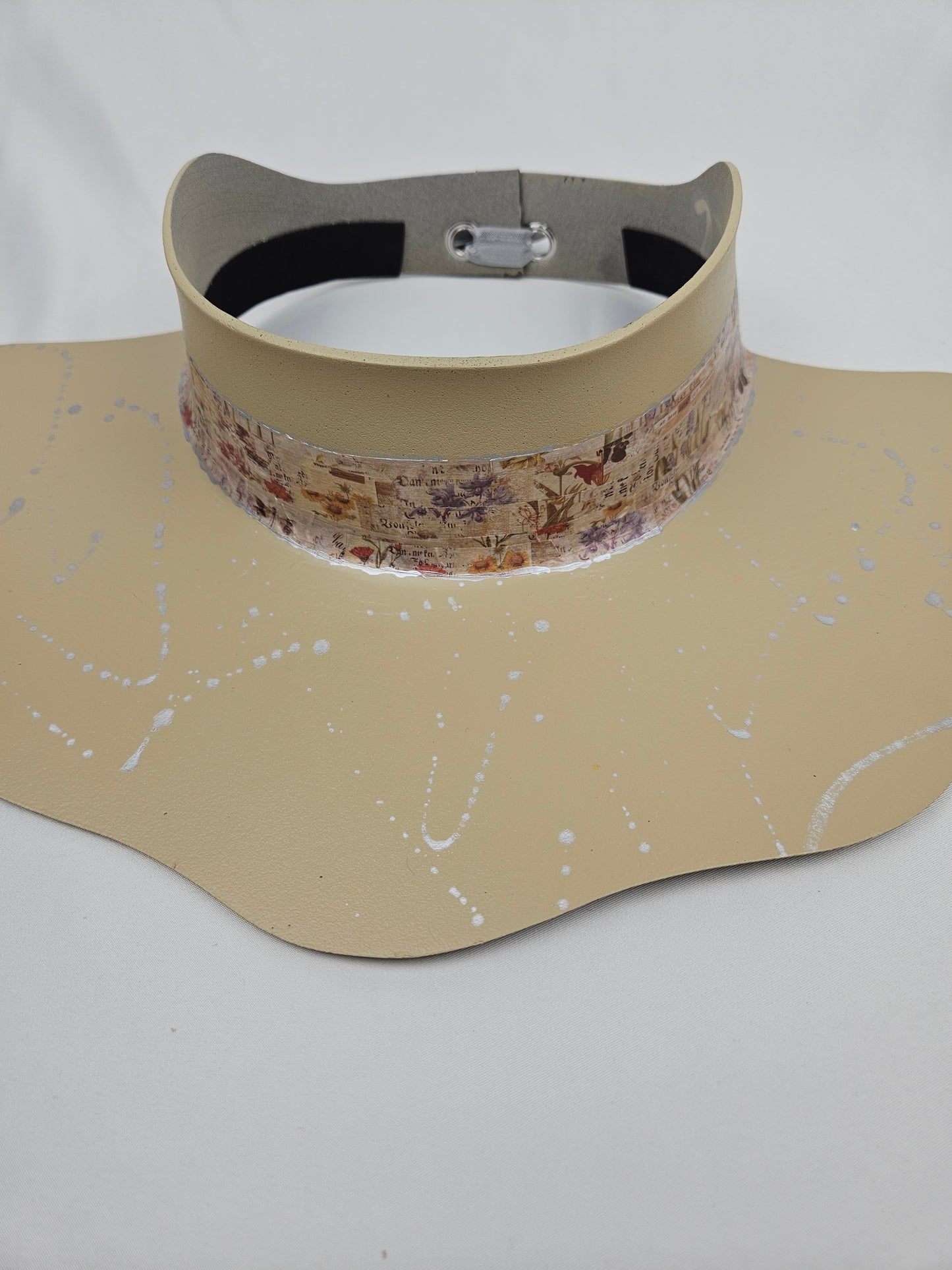 Beige Lotus Visor Hat with Vintage Floral Style Band and Silver Paint Splatter