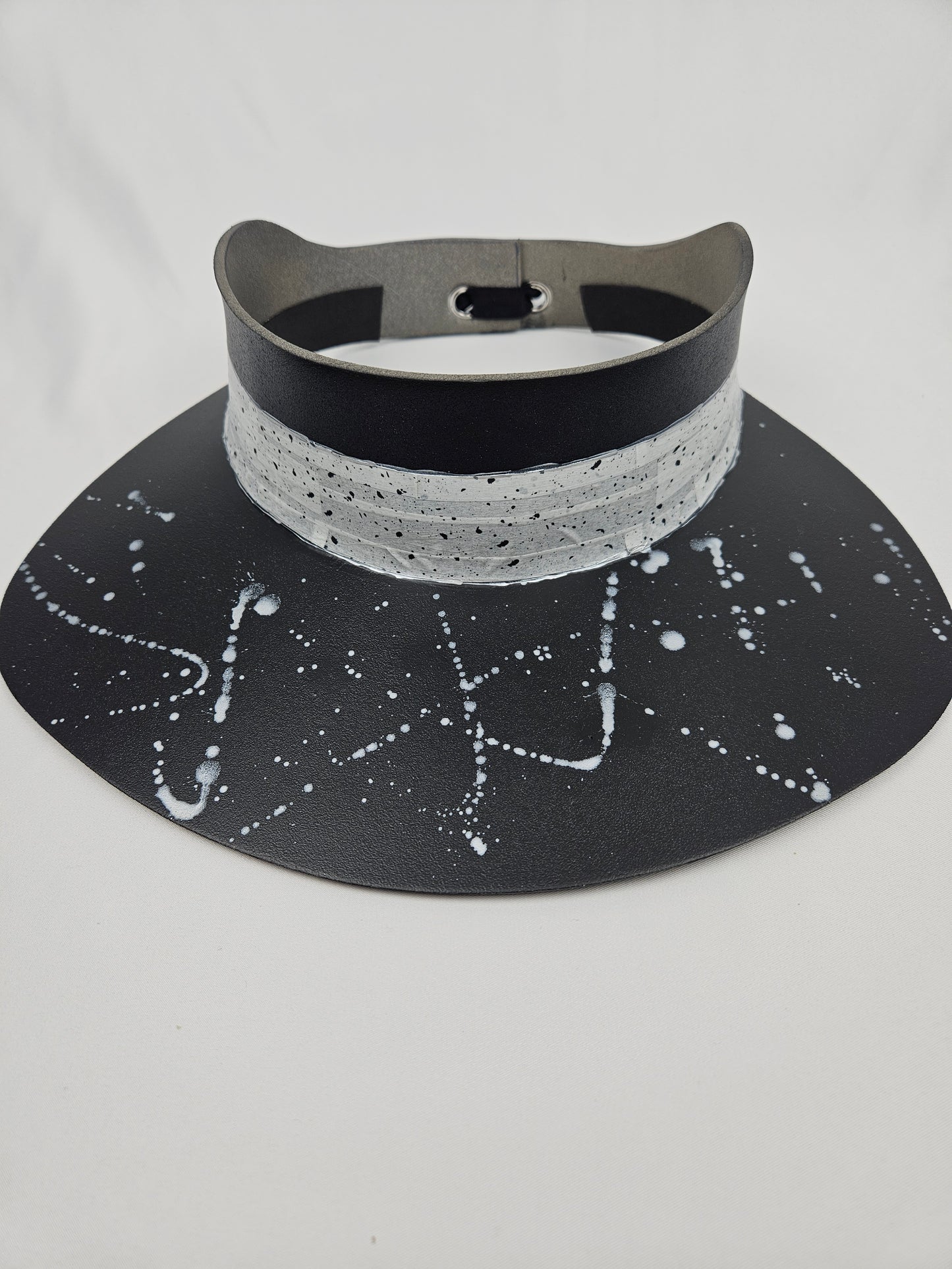 Tall Black Visor Hat - Spotted Band and Silver Paint Splatter