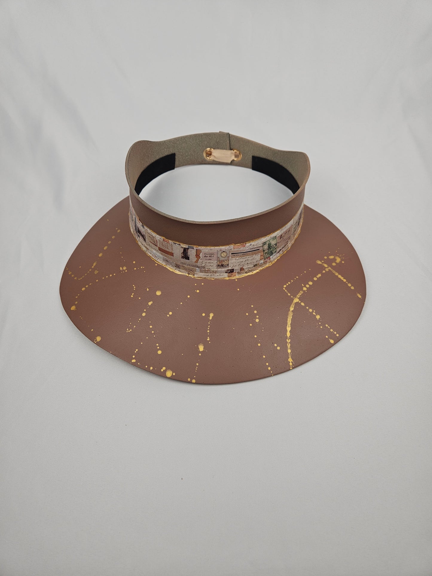 Mauve Brown Visor Hat - Brown Collage Style Band and Gold Paint Splatter