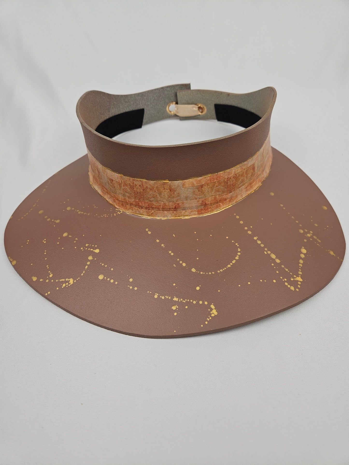Mauve Brown "LadyEVA" Visor Hat with Warm Brown Collage Style Band and Golden Paint Splatter