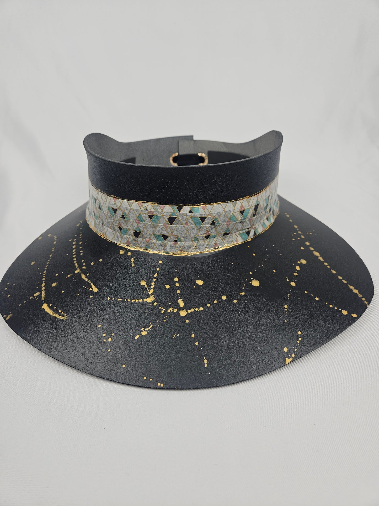 Tall Black Visor Hat - Geometric Band and Golden Paint Splatter