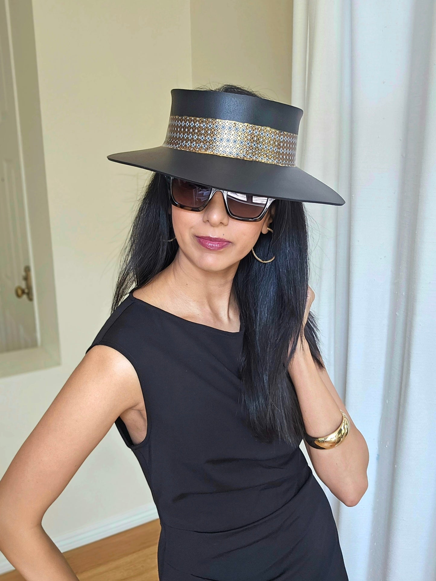 Tall Black "LadyEVA" Visor Hat with Gold and Silver Graphic Band
