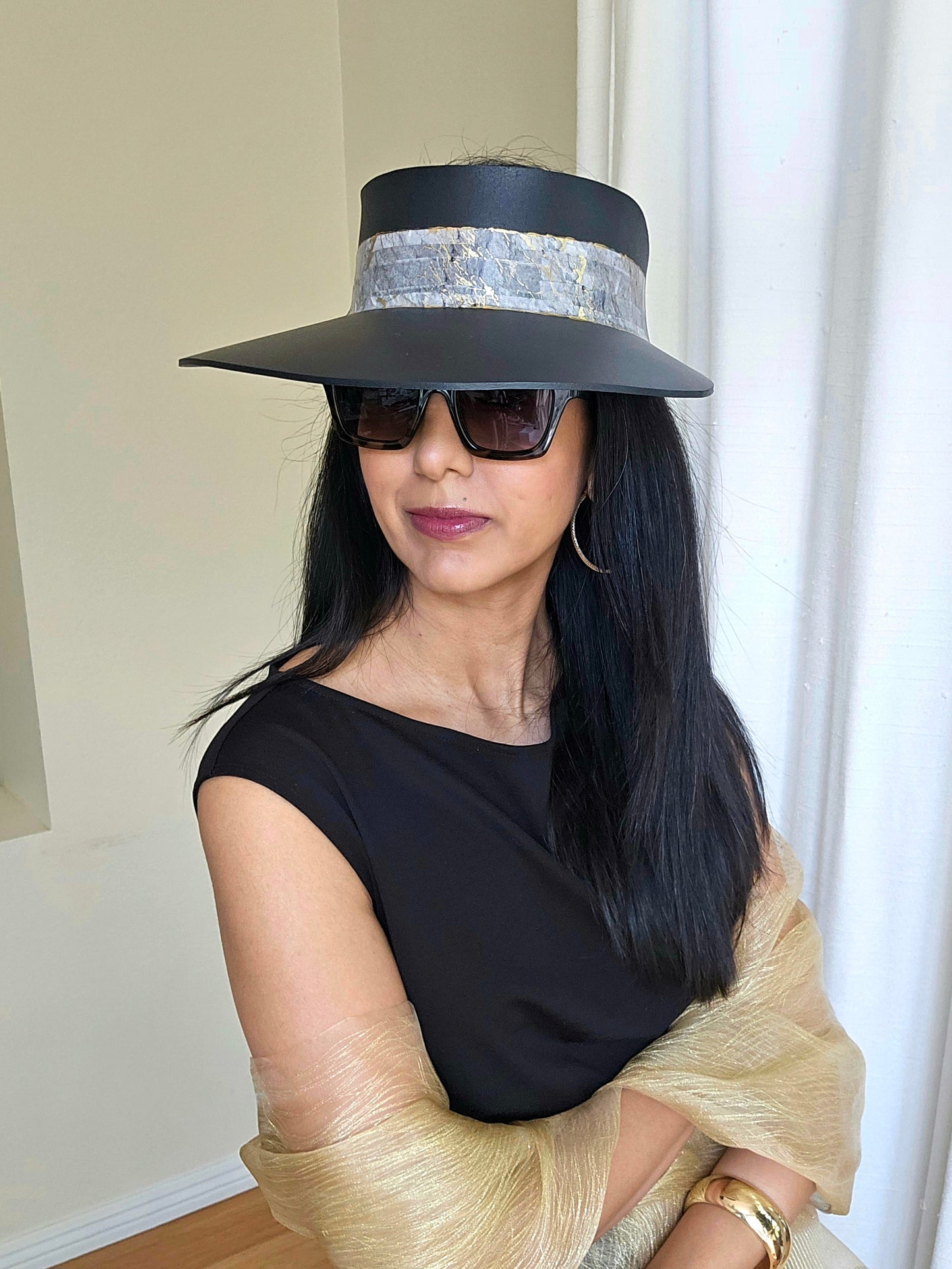 Tall Black "LadyEVA" Visor Hat with Golden Marbled Band