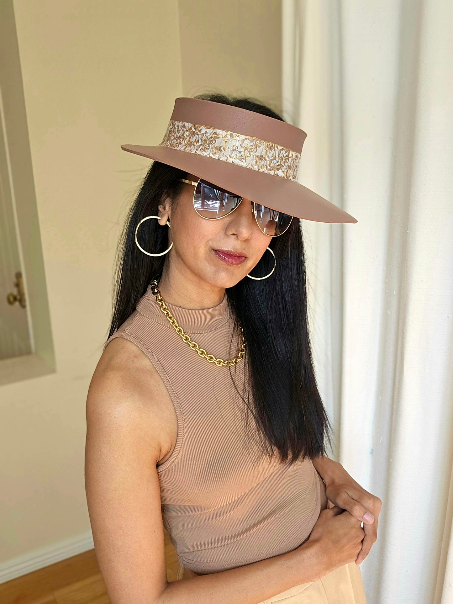 Brown "LadyEVA" Visor Hat with Golden Floral Band