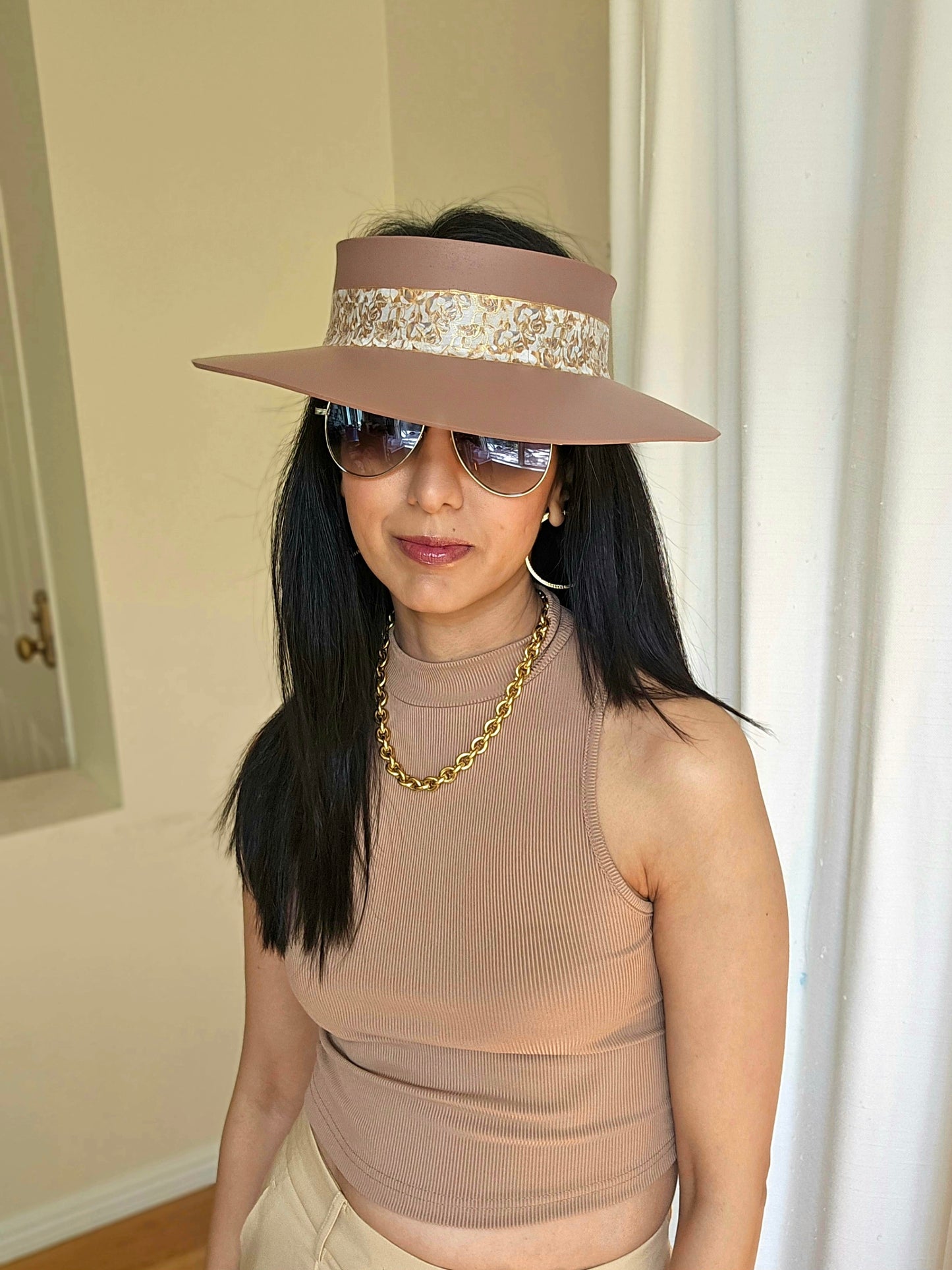 Brown "LadyEVA" Visor Hat with Golden Floral Band