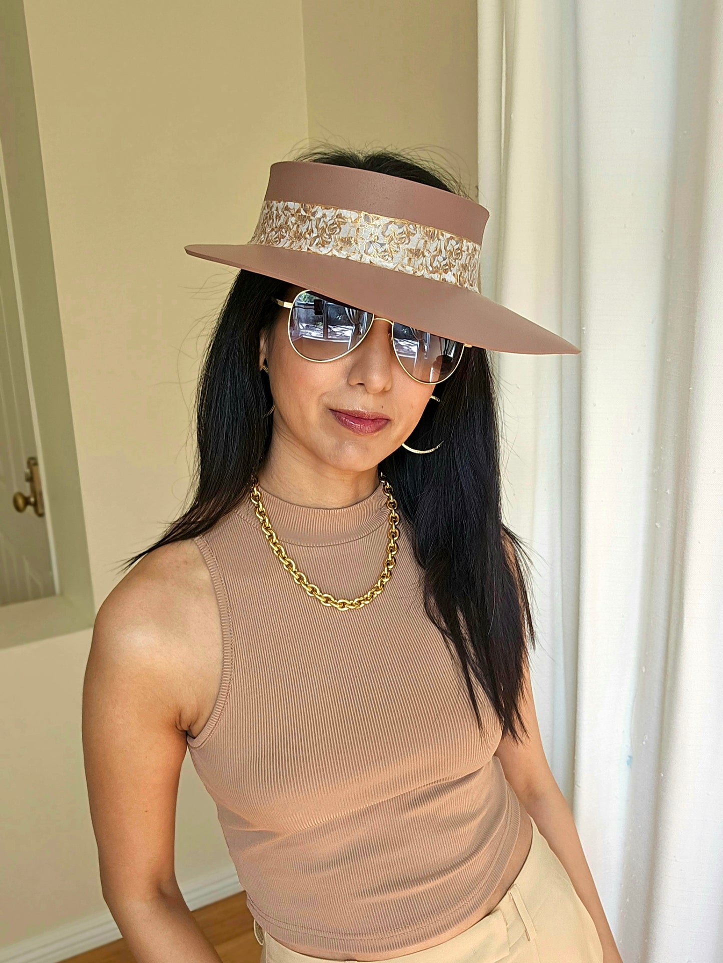 Brown "LadyEVA" Visor Hat with Golden Floral Band