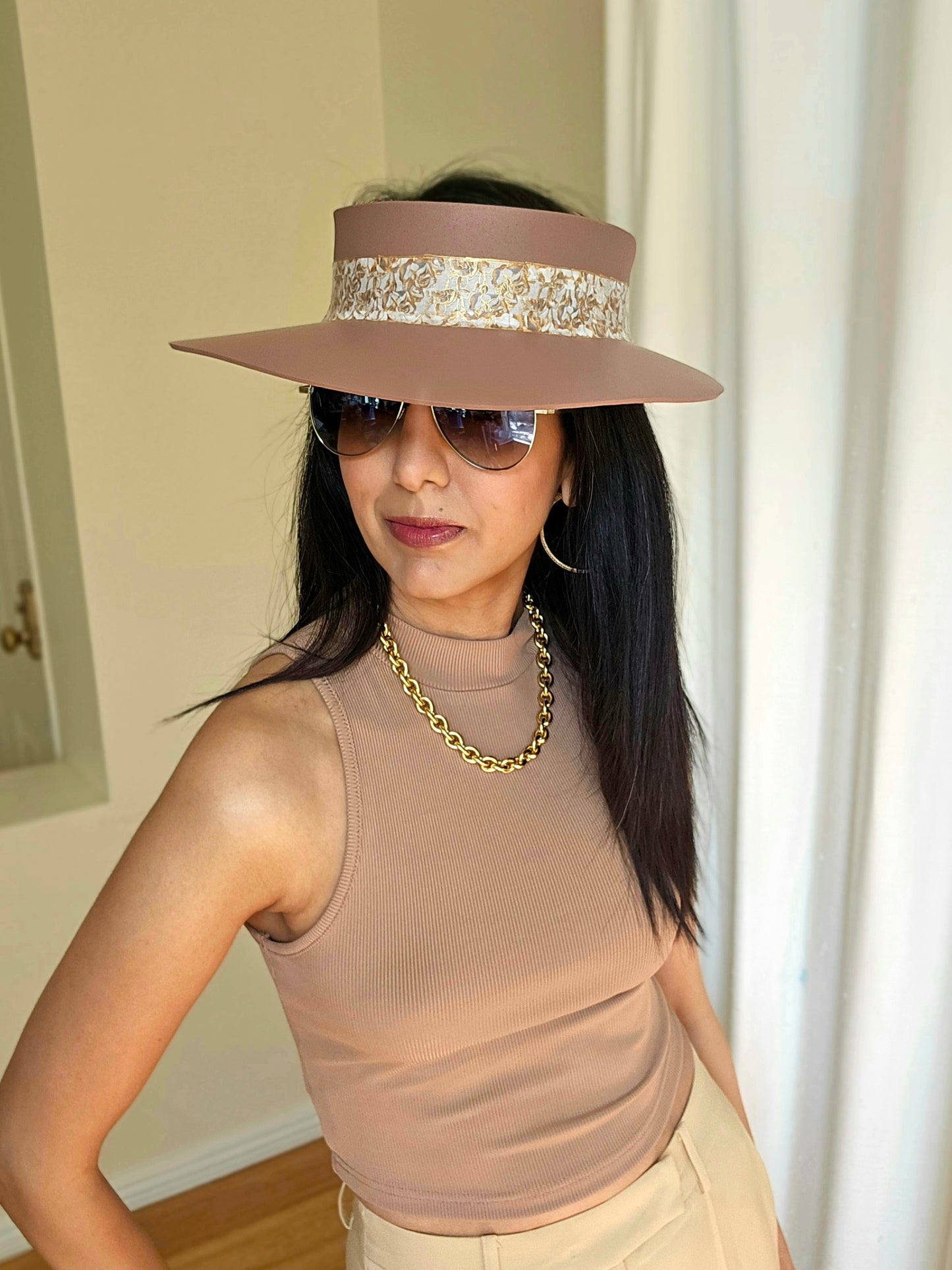 Brown "LadyEVA" Visor Hat with Golden Floral Band