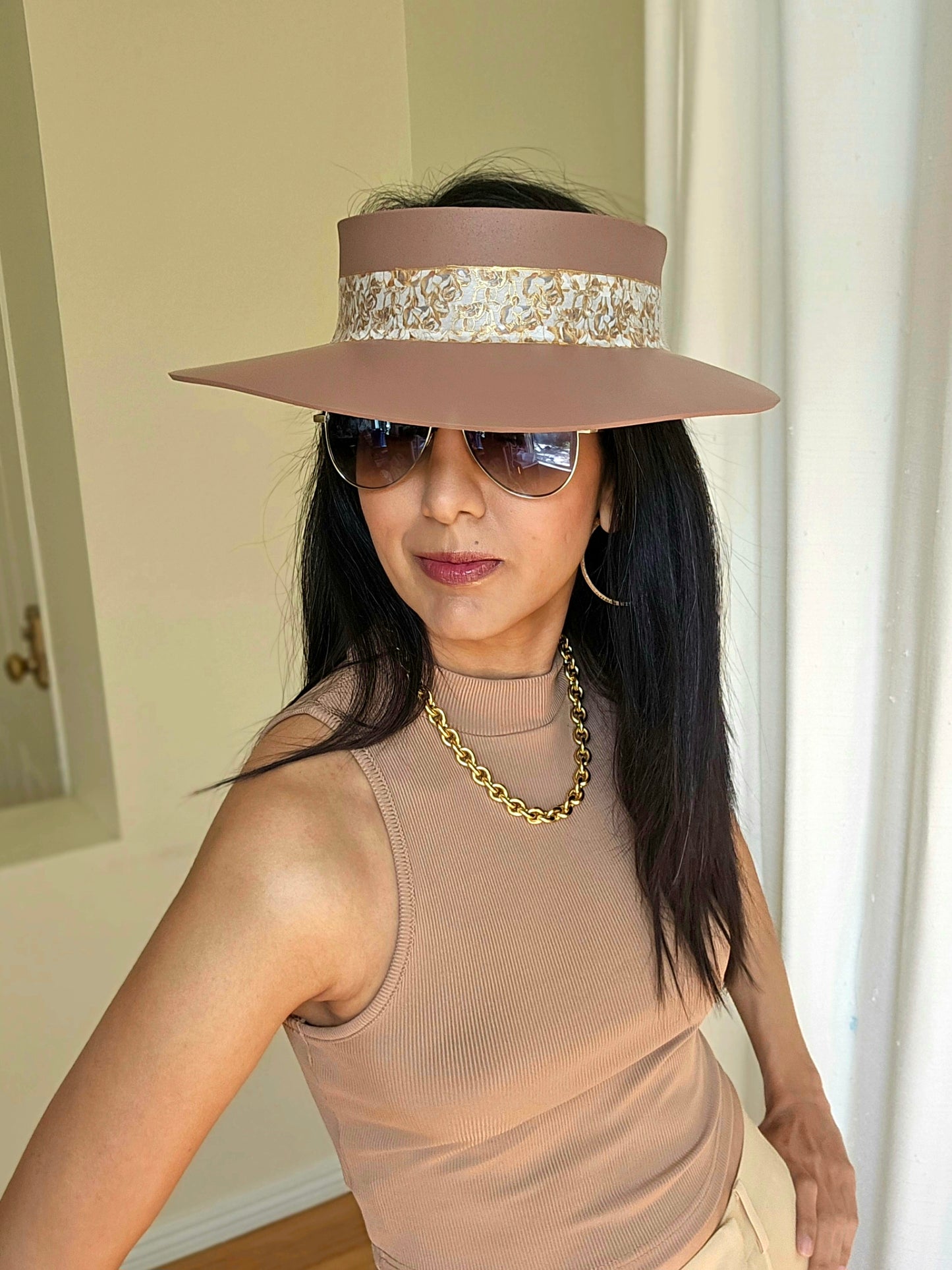 Brown "LadyEVA" Visor Hat with Golden Floral Band