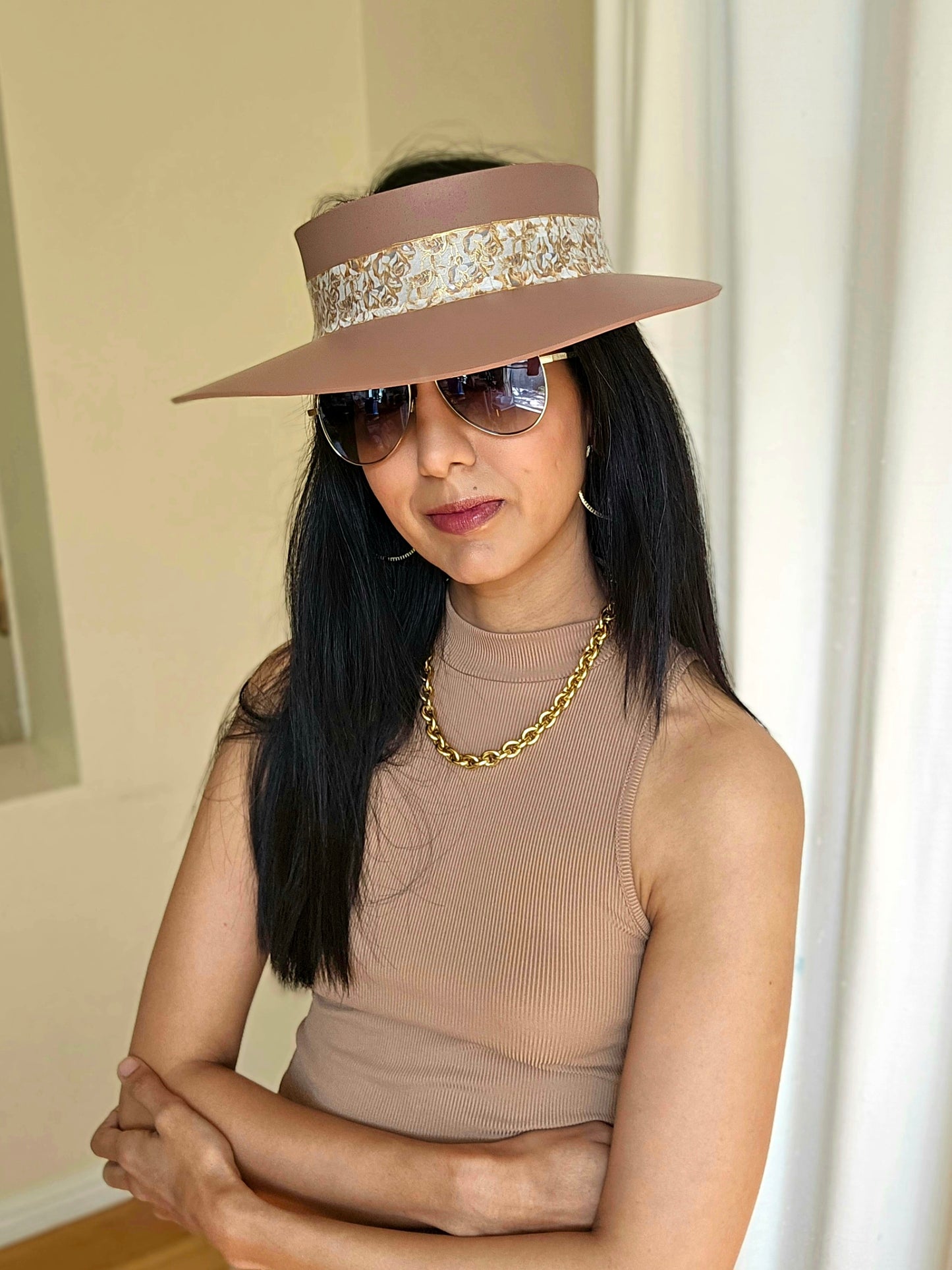 Brown "LadyEVA" Visor Hat with Golden Floral Band