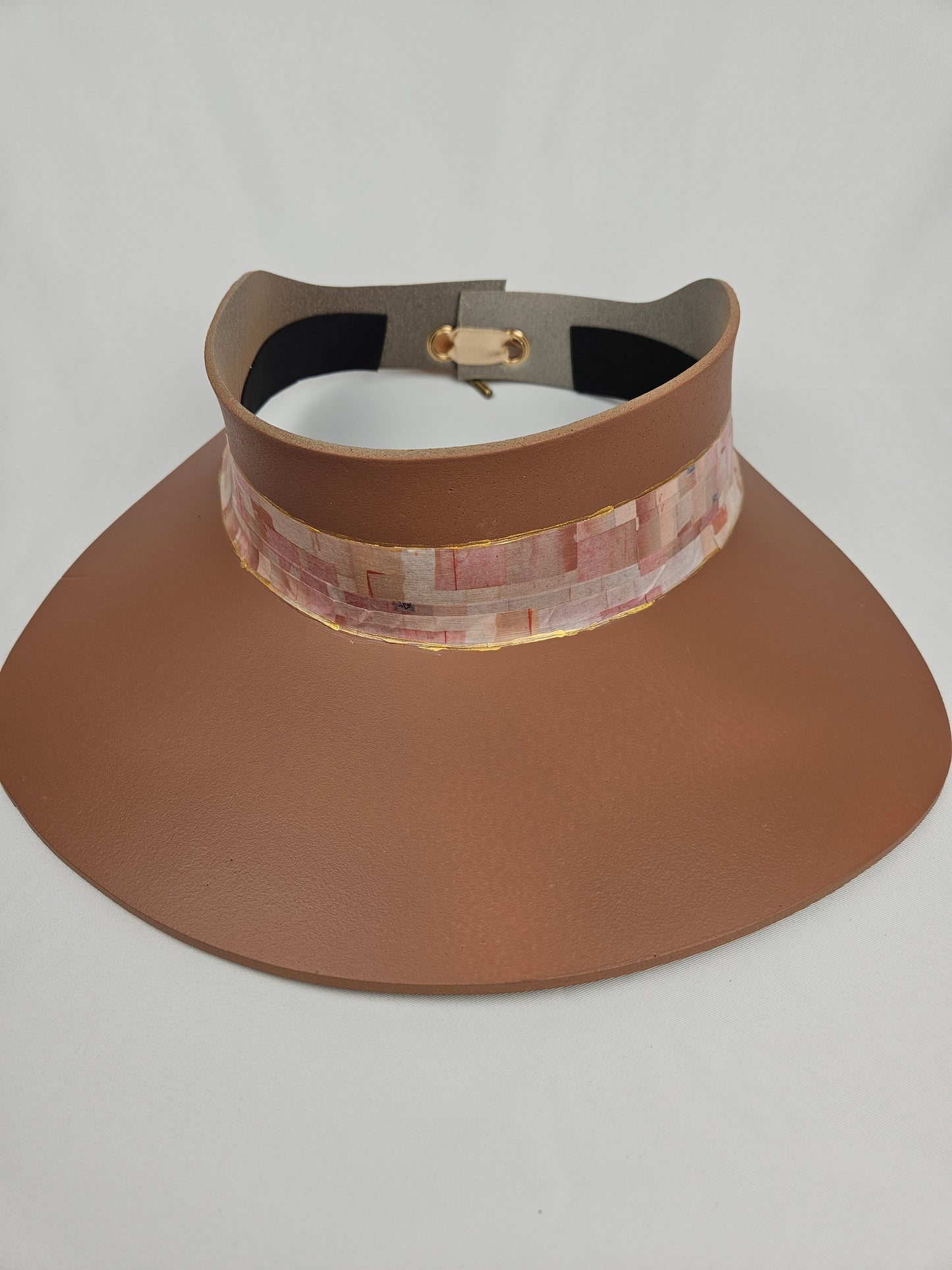 Tall Mauve Brown Visor Hat - Pale Pink Collage Style Band